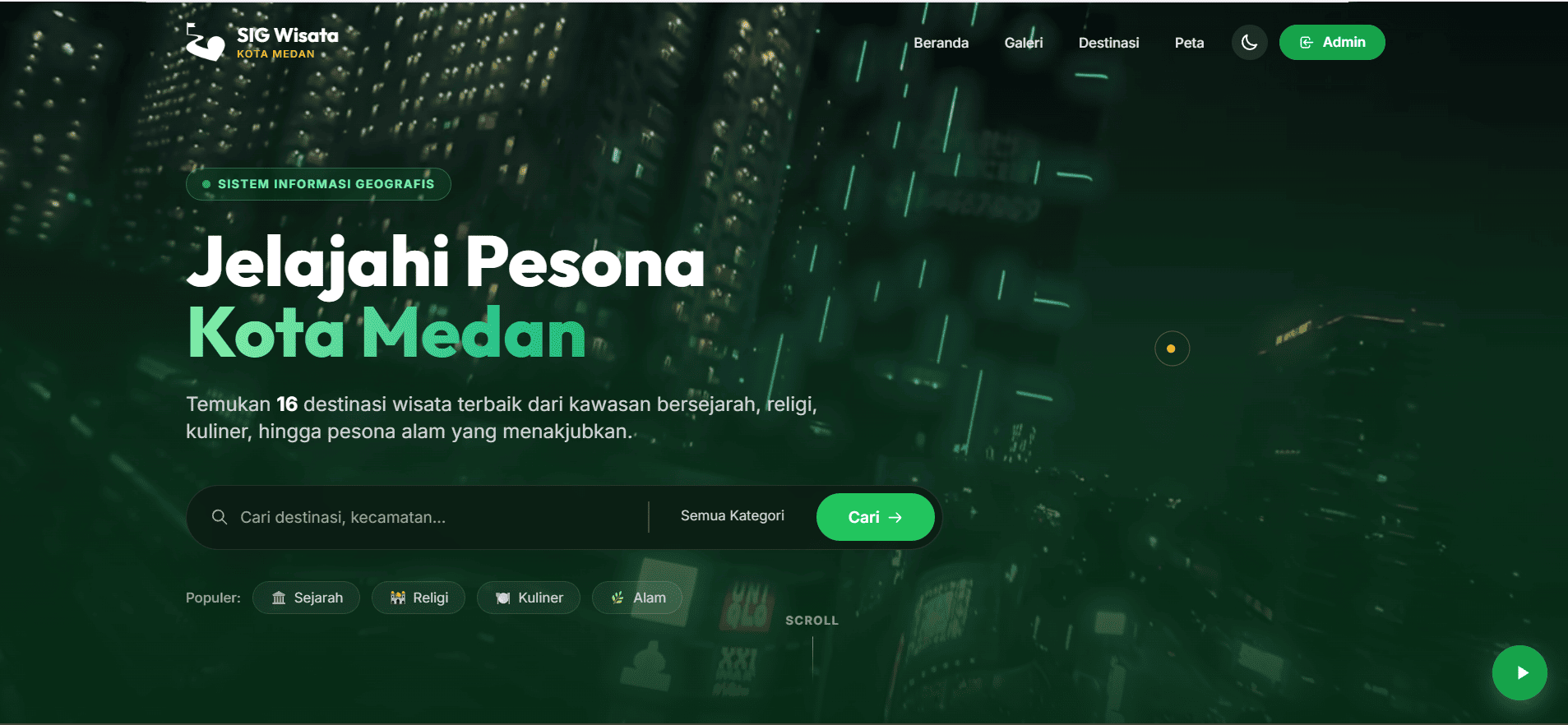 Screenshot 1 dari project WisataMedanku - Platform Sistem Informasi Geografis Pariwisata Kota Medan Berbasis Web