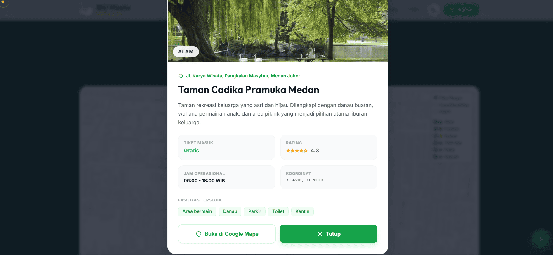 Screenshot 5 dari project WisataMedanku - Platform Sistem Informasi Geografis Pariwisata Kota Medan Berbasis Web