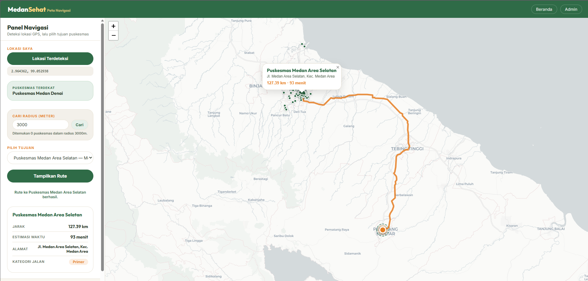 Screenshot 3 dari project MedanSehat - Pemetaan Rute Area Layanan Fasilitas Publik