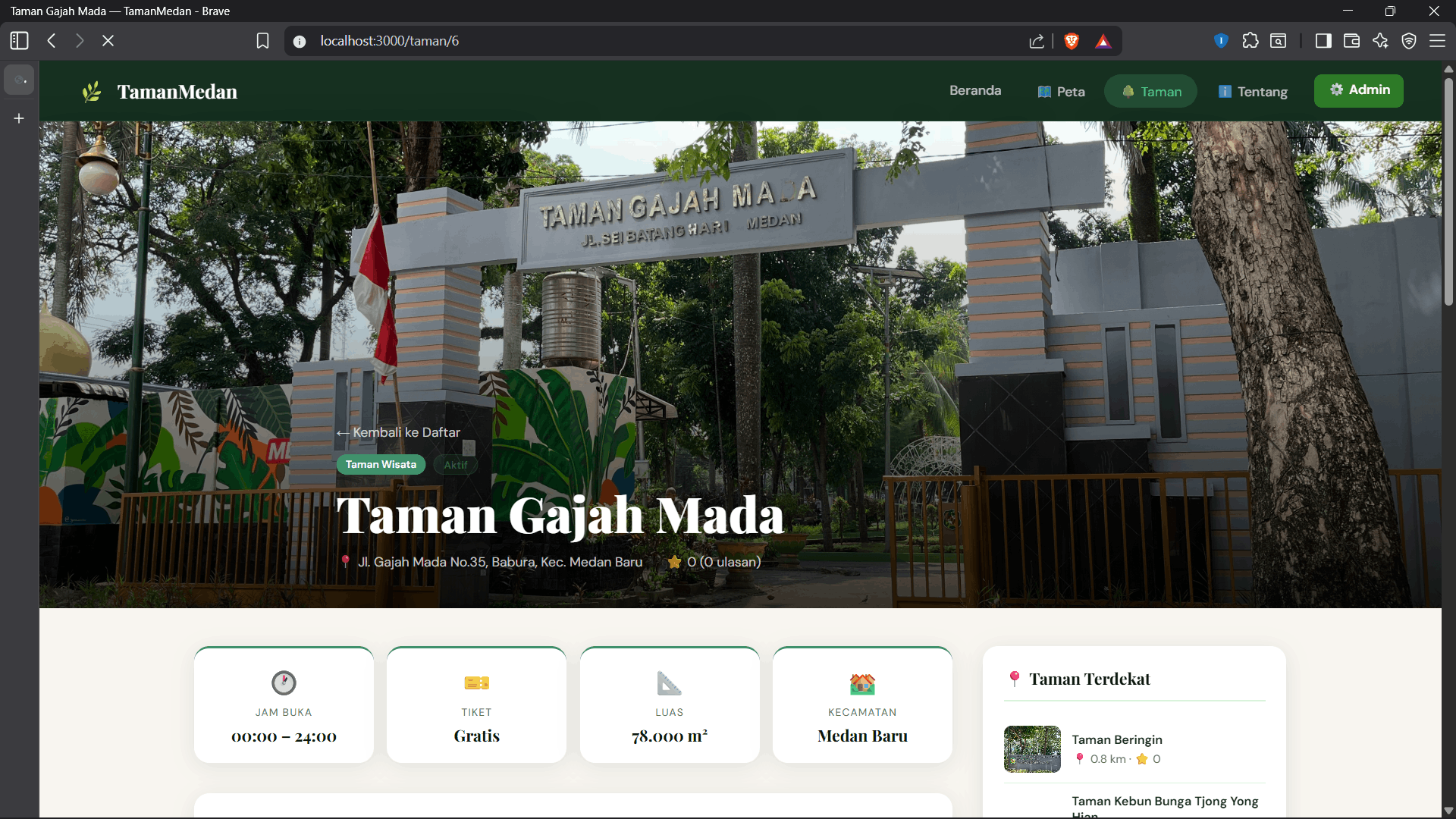 Screenshot 1 dari project Sistem Informasi Geografis Pemetaan taman dan rute di kota Medan