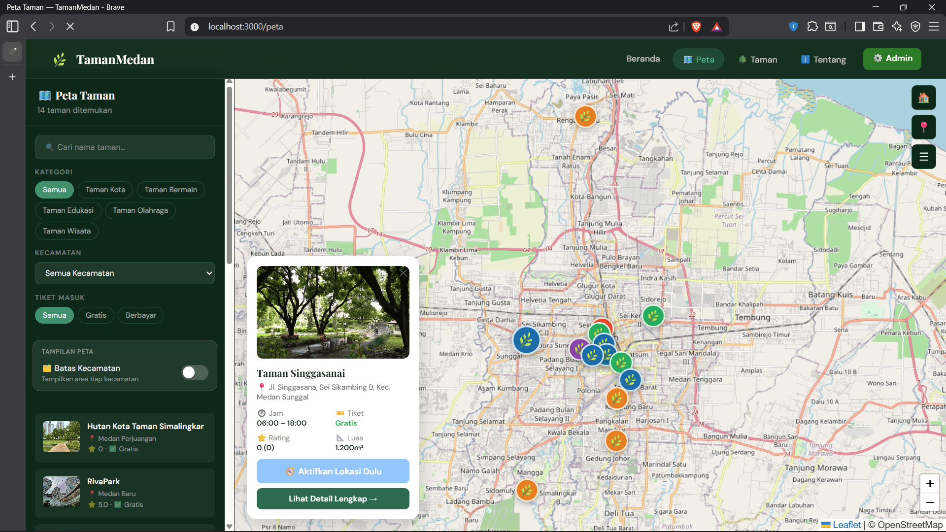 Screenshot 2 dari project Sistem Informasi Geografis Pemetaan taman dan rute di kota Medan