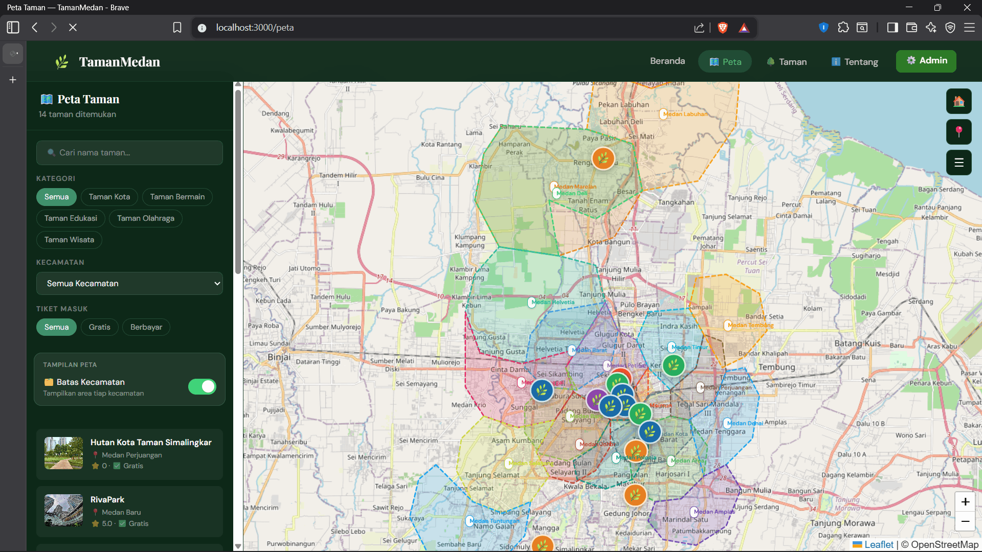 Screenshot 3 dari project Sistem Informasi Geografis Pemetaan taman dan rute di kota Medan