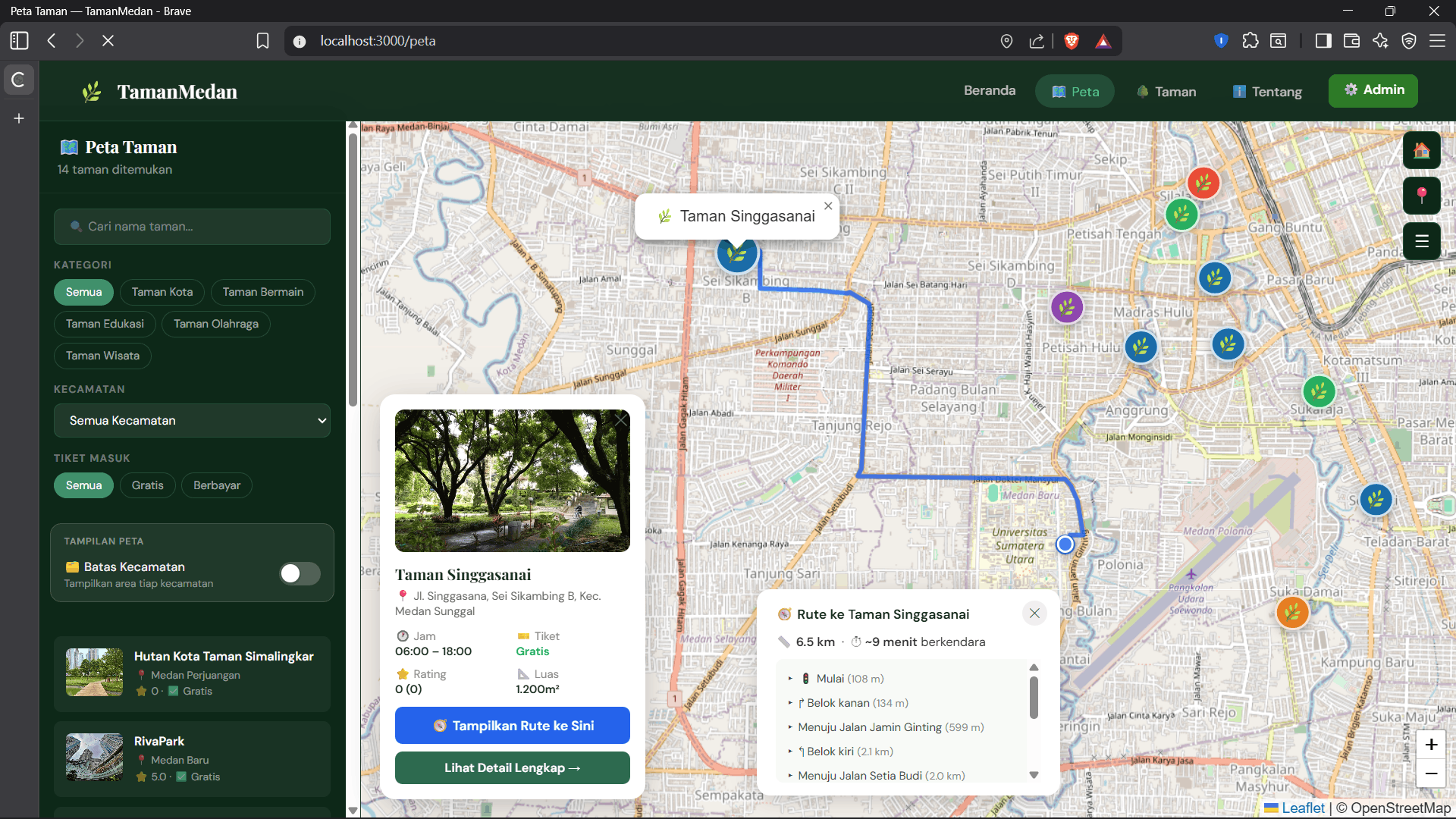 Screenshot 4 dari project Sistem Informasi Geografis Pemetaan taman dan rute di kota Medan