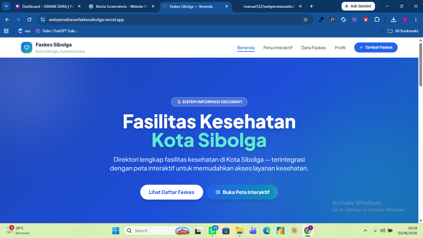Screenshot 1 dari project Website Persebaran Fasilitas Kesehatan di Sibolga