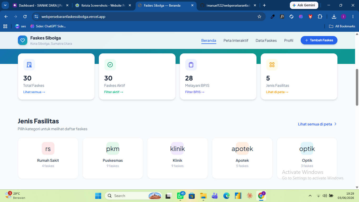 Screenshot 2 dari project Website Persebaran Fasilitas Kesehatan di Sibolga