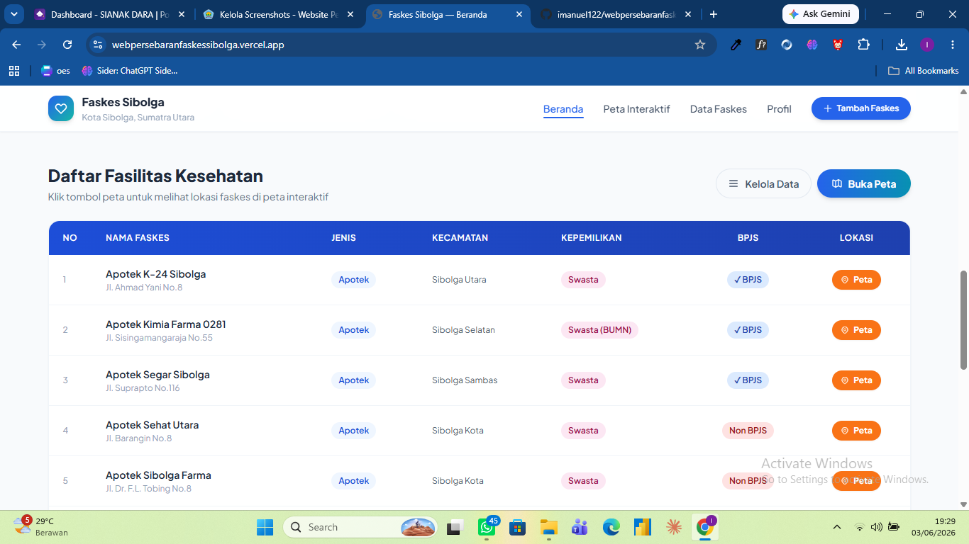 Screenshot 3 dari project Website Persebaran Fasilitas Kesehatan di Sibolga