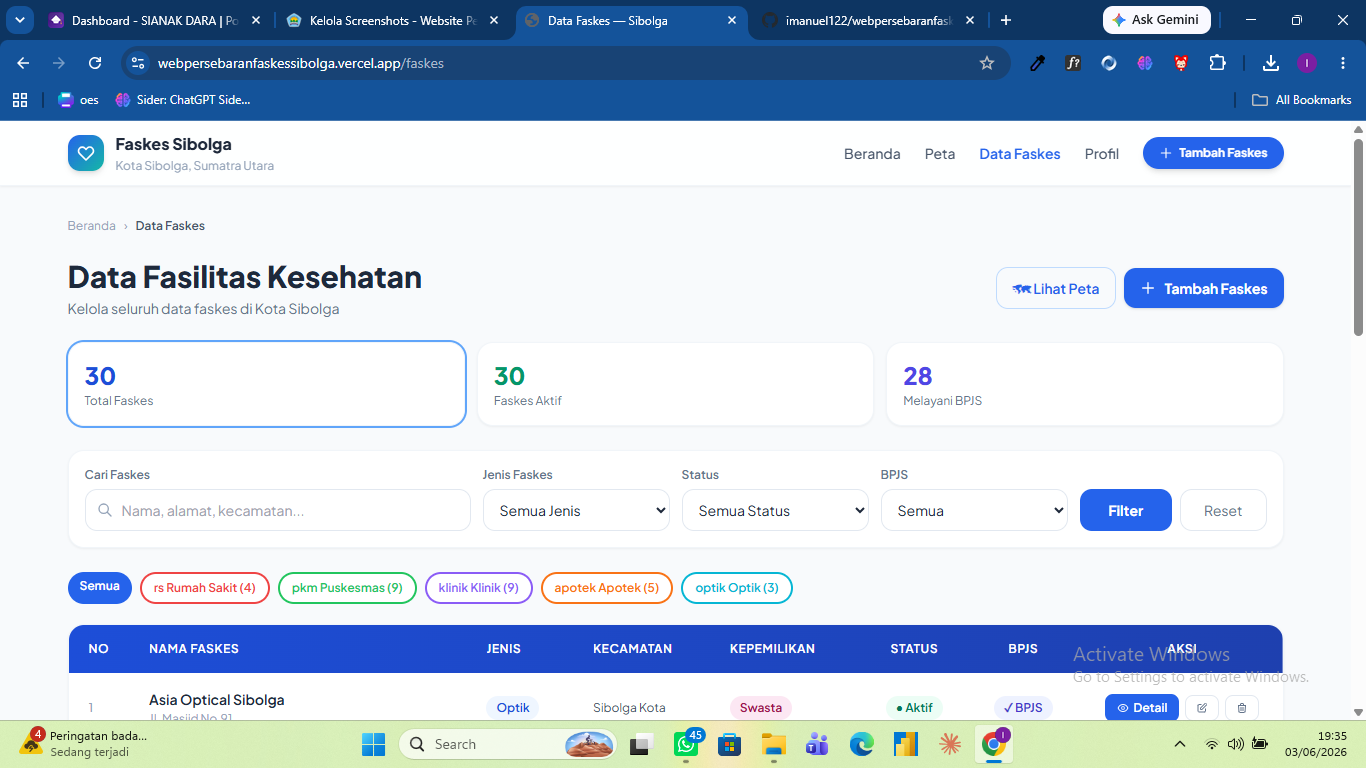 Screenshot 9 dari project Website Persebaran Fasilitas Kesehatan di Sibolga