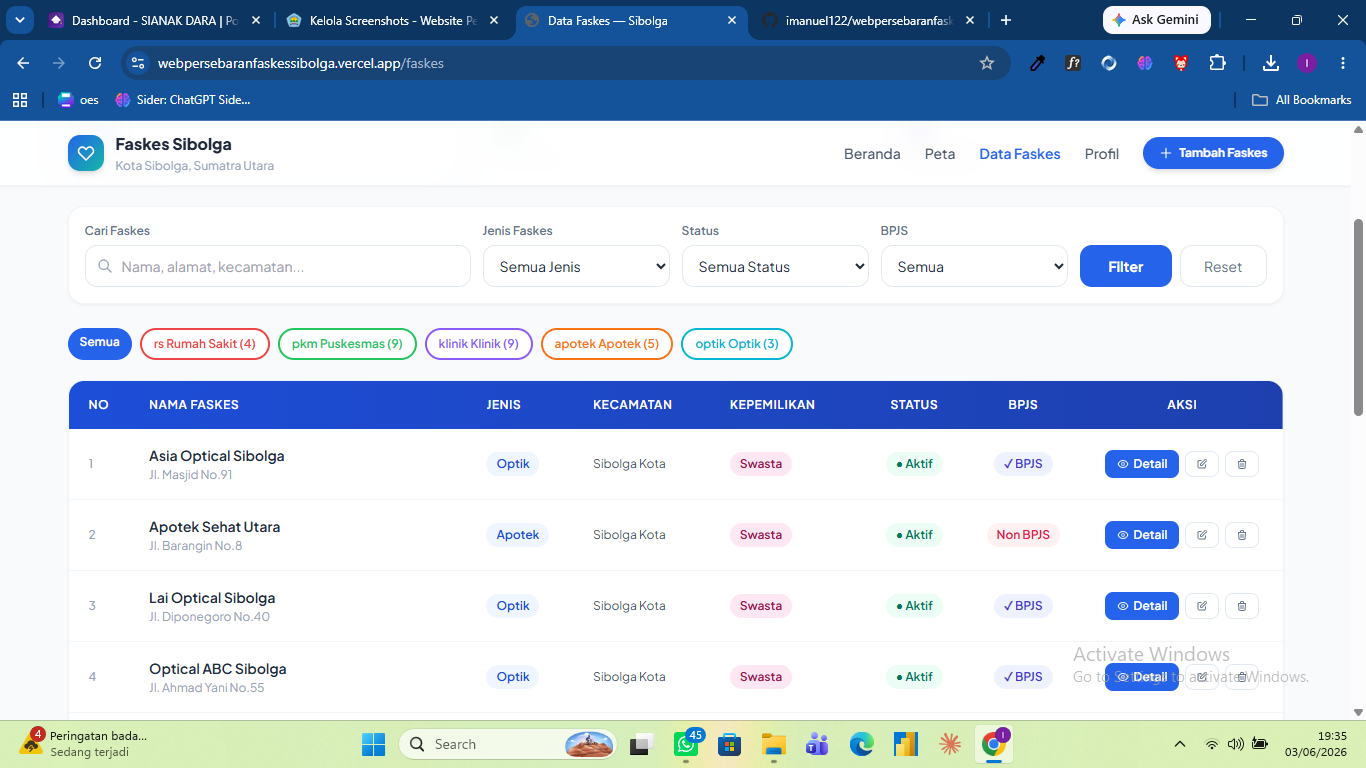 Screenshot 10 dari project Website Persebaran Fasilitas Kesehatan di Sibolga