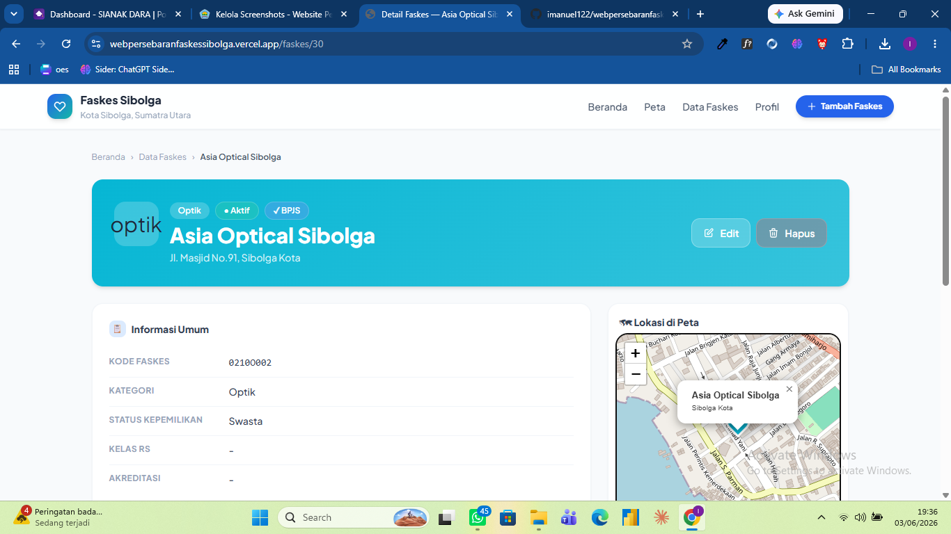 Screenshot 11 dari project Website Persebaran Fasilitas Kesehatan di Sibolga