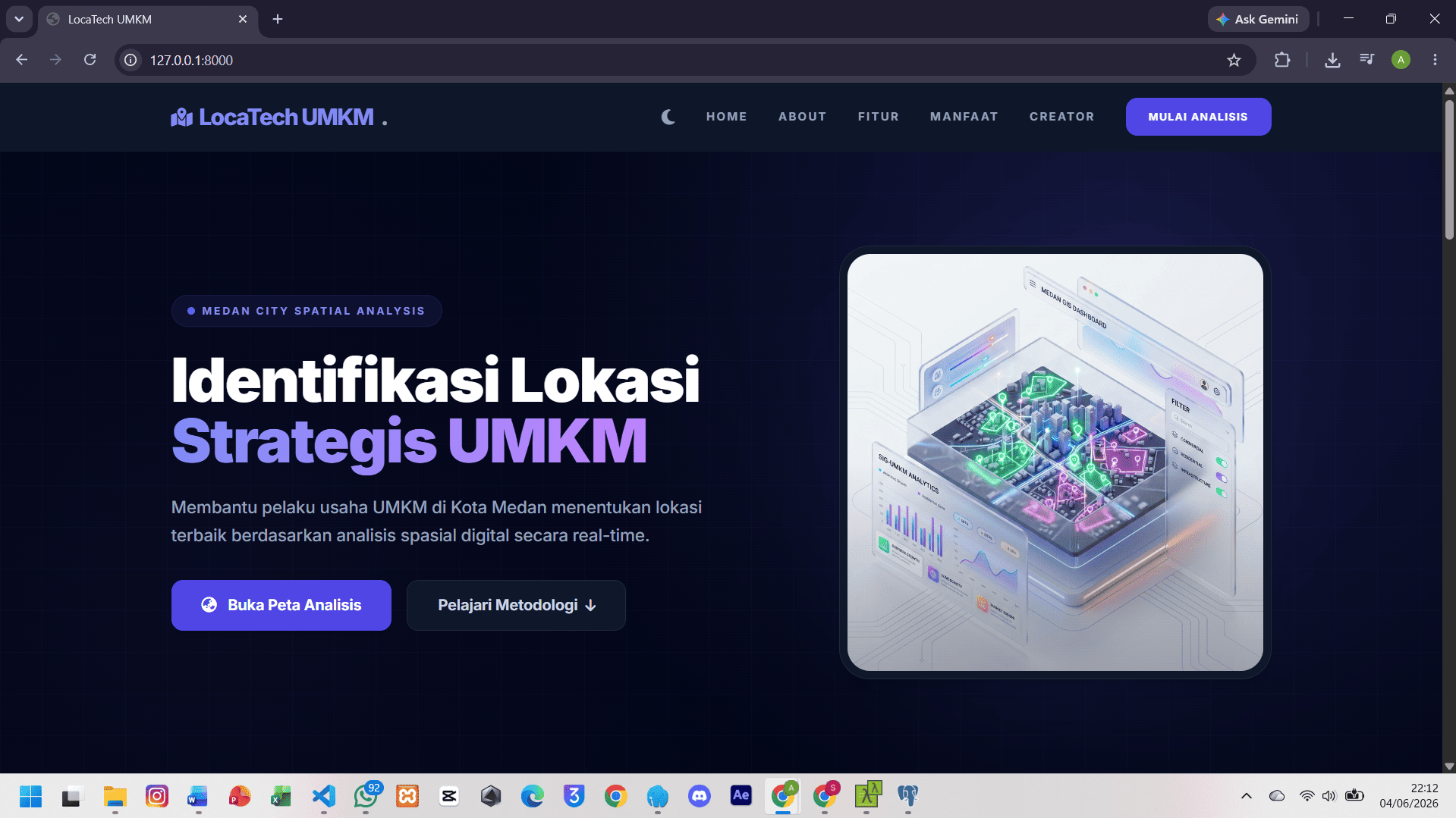 Screenshot 2 dari project PENGEMBANGAN SISTEM INFORMASI GEOGRAFIS (WEB-GIS) REAL-TIME PENENTU LOKASI STRATEGIS UMKM DI KOTA MEDAN BERBASIS POSTGIS