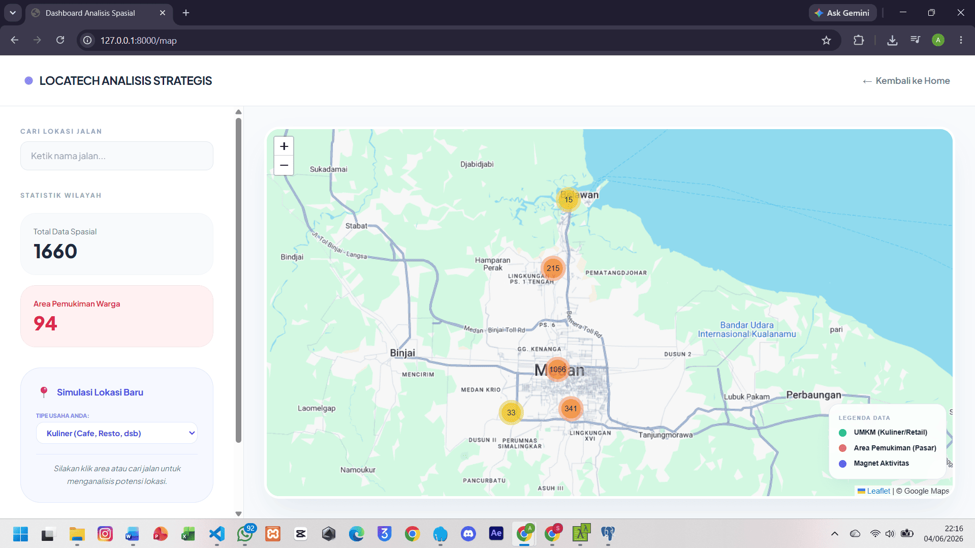 Screenshot 6 dari project PENGEMBANGAN SISTEM INFORMASI GEOGRAFIS (WEB-GIS) REAL-TIME PENENTU LOKASI STRATEGIS UMKM DI KOTA MEDAN BERBASIS POSTGIS