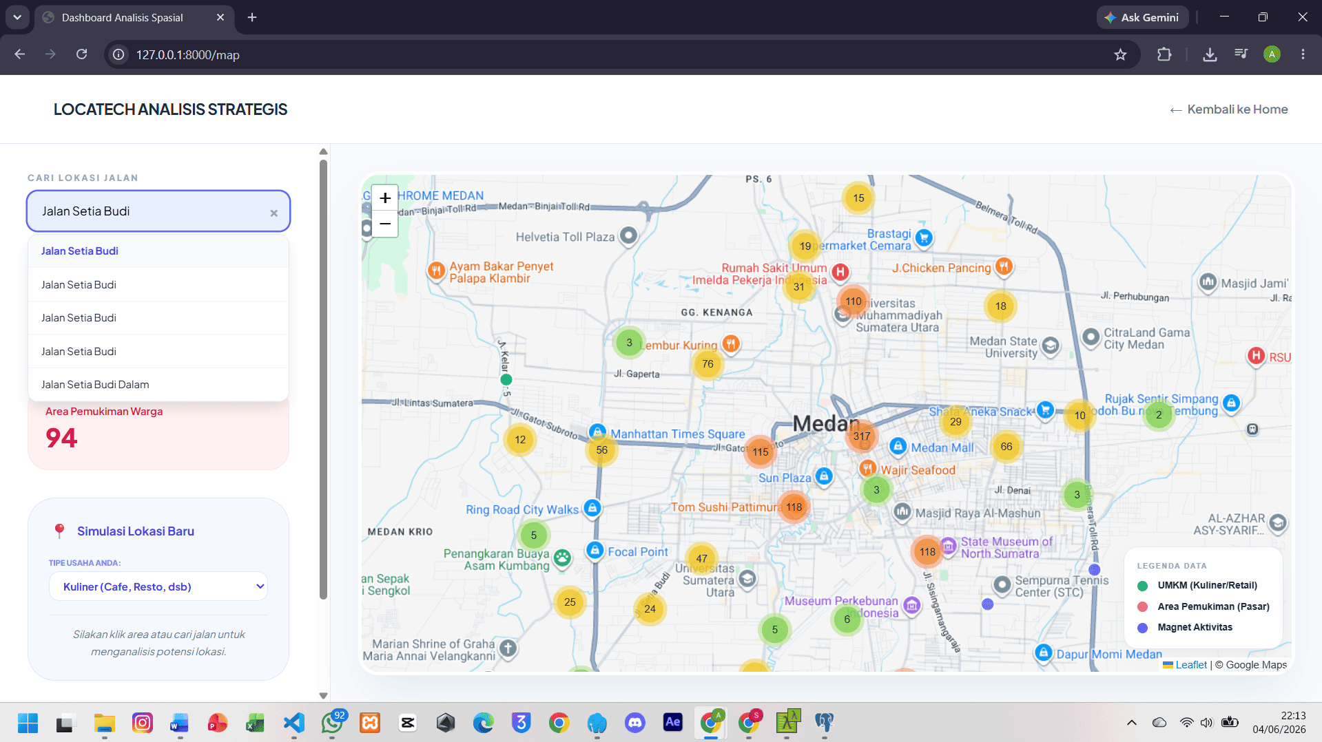 Screenshot 7 dari project PENGEMBANGAN SISTEM INFORMASI GEOGRAFIS (WEB-GIS) REAL-TIME PENENTU LOKASI STRATEGIS UMKM DI KOTA MEDAN BERBASIS POSTGIS