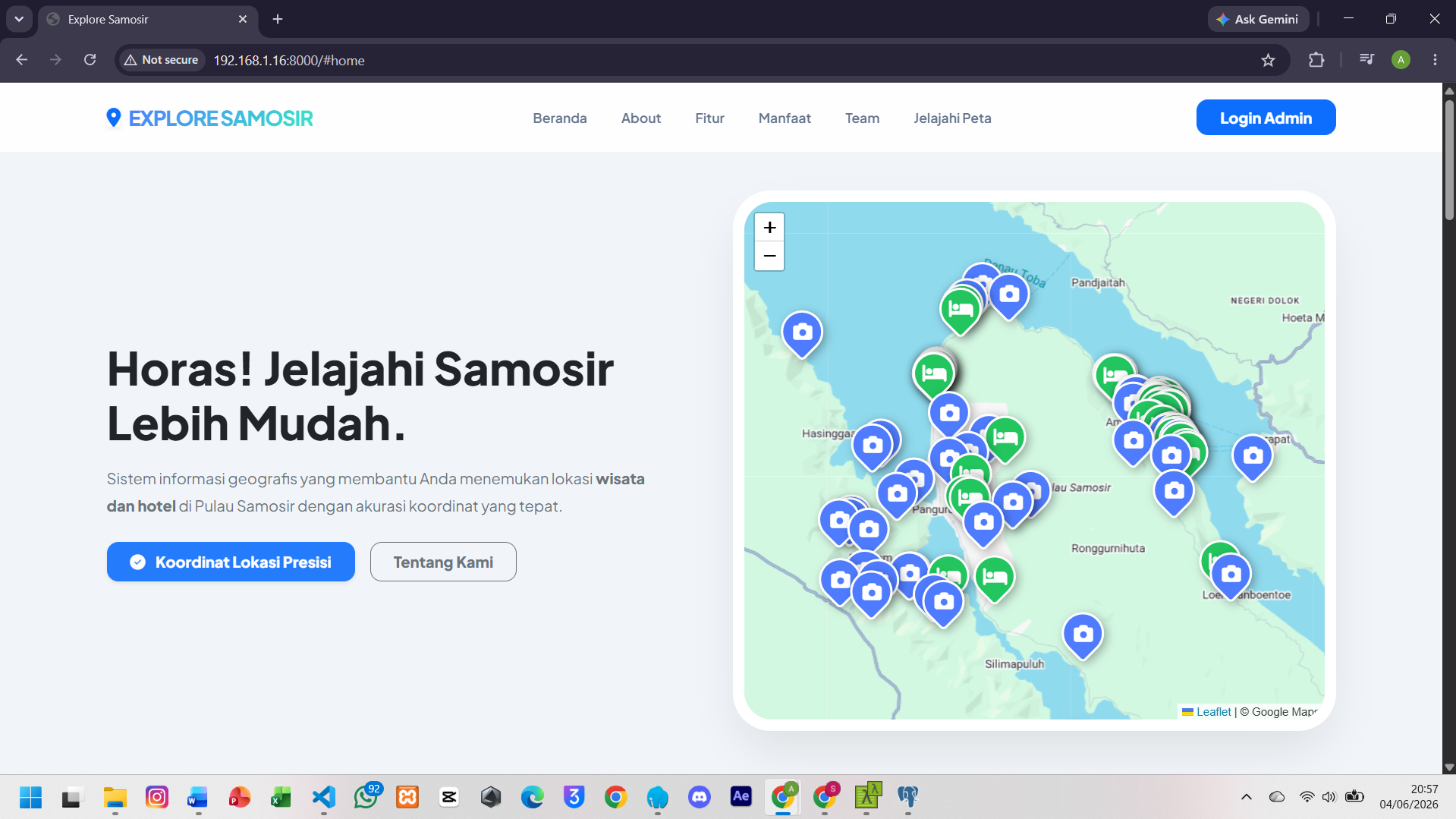 Screenshot 1 dari project PENGEMBANGAN SISTEM INFORMASI GEOGRAFIS PEMETAAN WISATA DAN PERHOTELAN DI KABUPATEN SAMOSIR DENGAN FITUR REKOMENDASI TERDEKAT DAN RUTE OTOMATIS TERINTEGRASI BERBASIS WEB DAN MOBILE