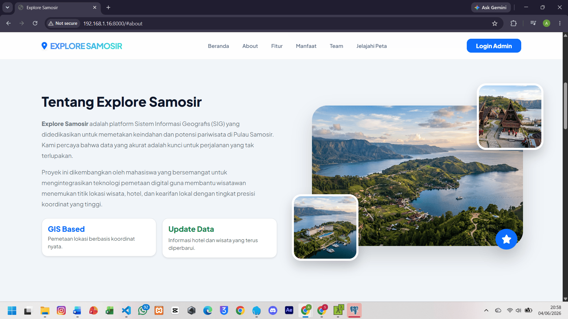 Screenshot 2 dari project PENGEMBANGAN SISTEM INFORMASI GEOGRAFIS PEMETAAN WISATA DAN PERHOTELAN DI KABUPATEN SAMOSIR DENGAN FITUR REKOMENDASI TERDEKAT DAN RUTE OTOMATIS TERINTEGRASI BERBASIS WEB DAN MOBILE