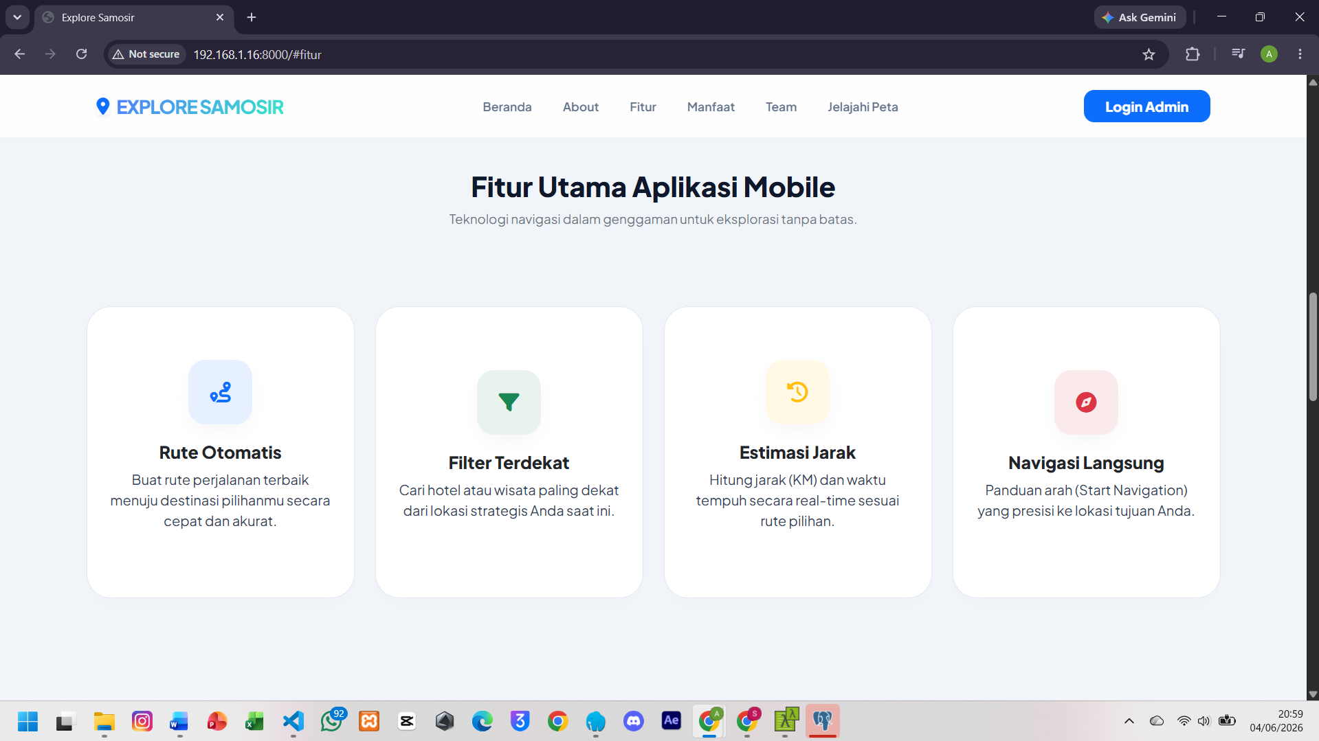 Screenshot 3 dari project PENGEMBANGAN SISTEM INFORMASI GEOGRAFIS PEMETAAN WISATA DAN PERHOTELAN DI KABUPATEN SAMOSIR DENGAN FITUR REKOMENDASI TERDEKAT DAN RUTE OTOMATIS TERINTEGRASI BERBASIS WEB DAN MOBILE