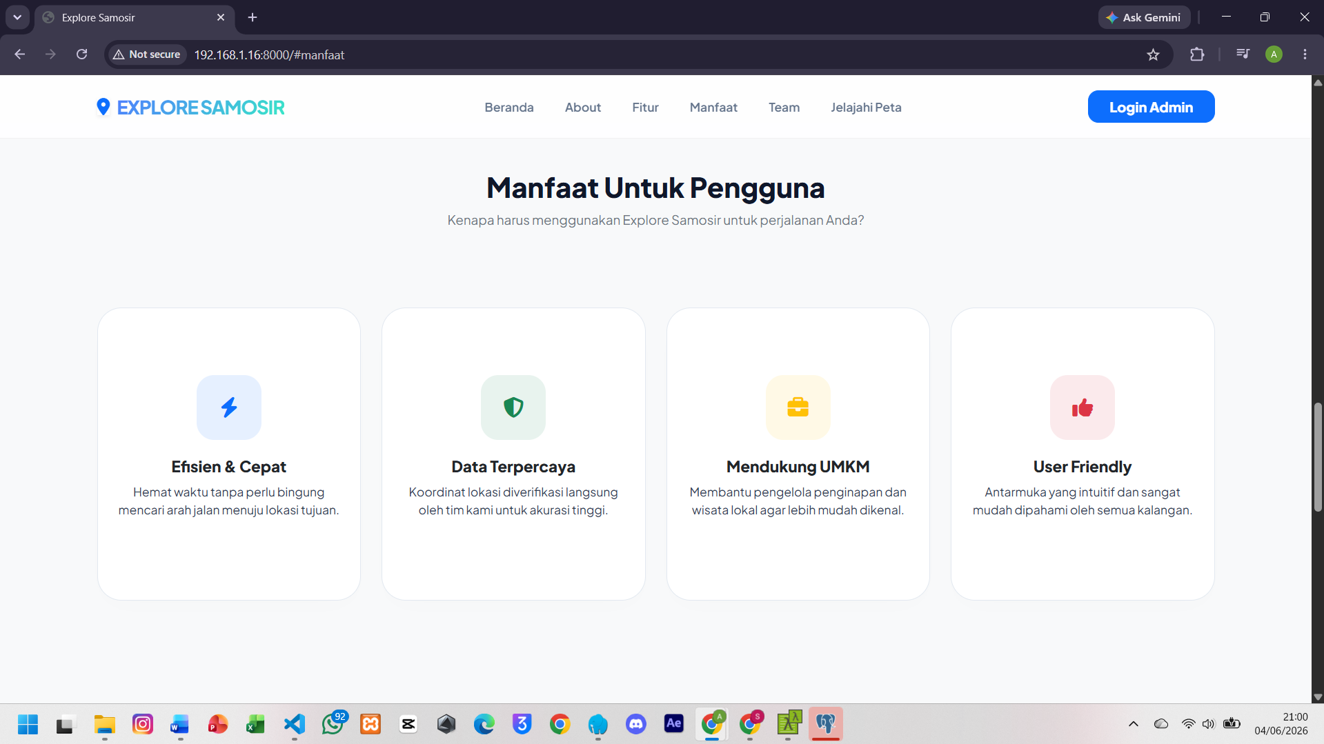 Screenshot 4 dari project PENGEMBANGAN SISTEM INFORMASI GEOGRAFIS PEMETAAN WISATA DAN PERHOTELAN DI KABUPATEN SAMOSIR DENGAN FITUR REKOMENDASI TERDEKAT DAN RUTE OTOMATIS TERINTEGRASI BERBASIS WEB DAN MOBILE