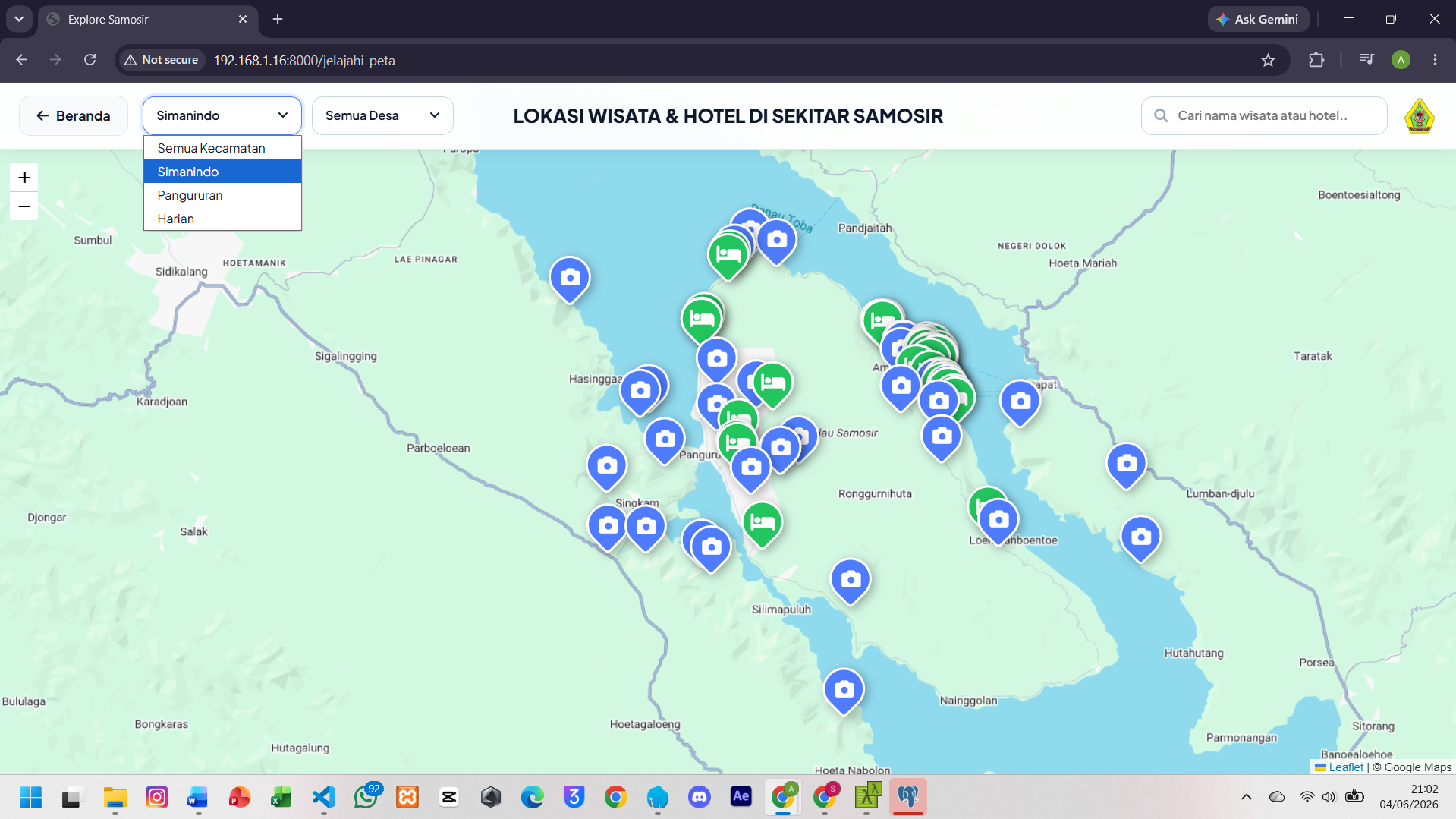 Screenshot 7 dari project PENGEMBANGAN SISTEM INFORMASI GEOGRAFIS PEMETAAN WISATA DAN PERHOTELAN DI KABUPATEN SAMOSIR DENGAN FITUR REKOMENDASI TERDEKAT DAN RUTE OTOMATIS TERINTEGRASI BERBASIS WEB DAN MOBILE