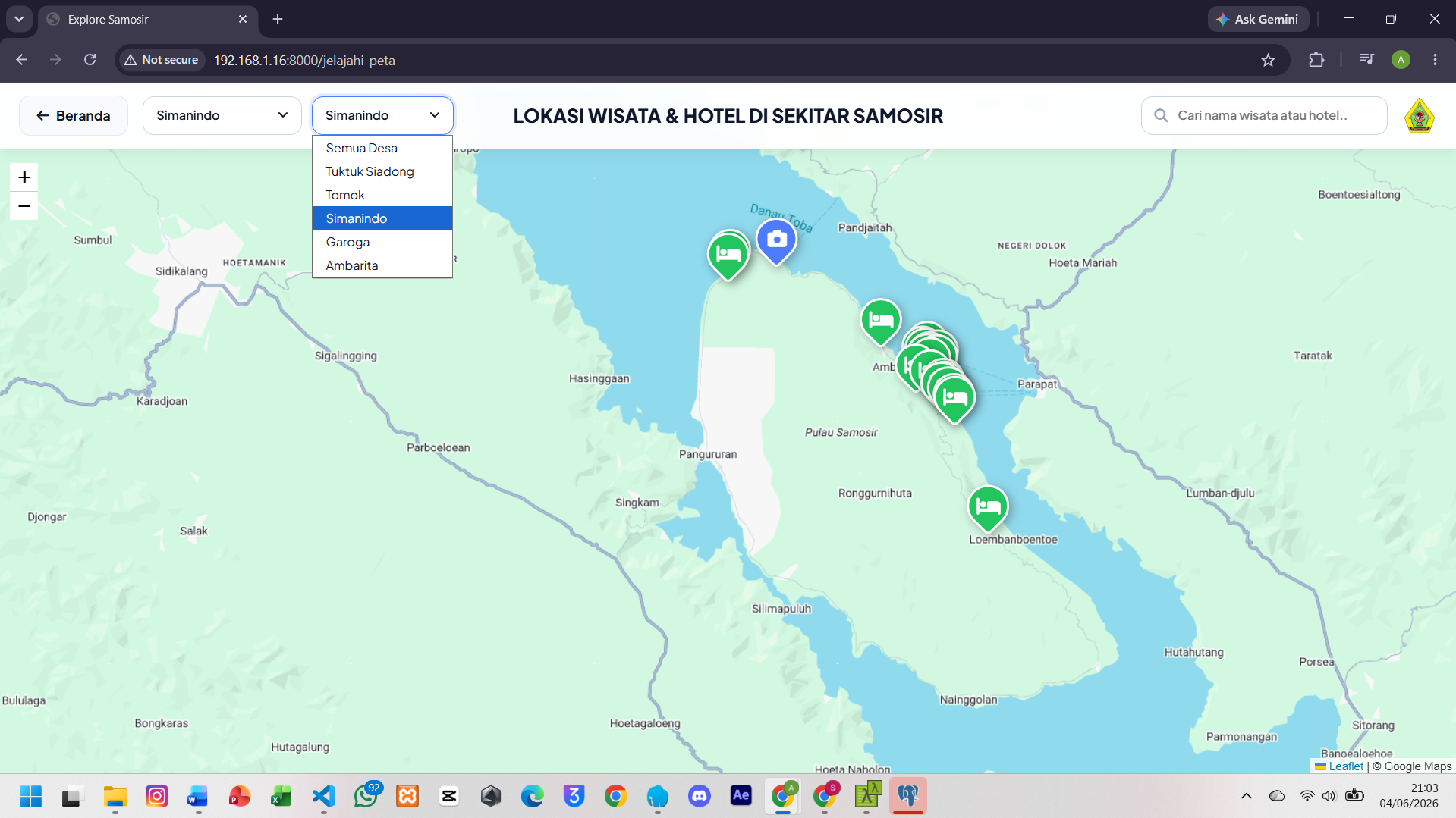 Screenshot 8 dari project PENGEMBANGAN SISTEM INFORMASI GEOGRAFIS PEMETAAN WISATA DAN PERHOTELAN DI KABUPATEN SAMOSIR DENGAN FITUR REKOMENDASI TERDEKAT DAN RUTE OTOMATIS TERINTEGRASI BERBASIS WEB DAN MOBILE
