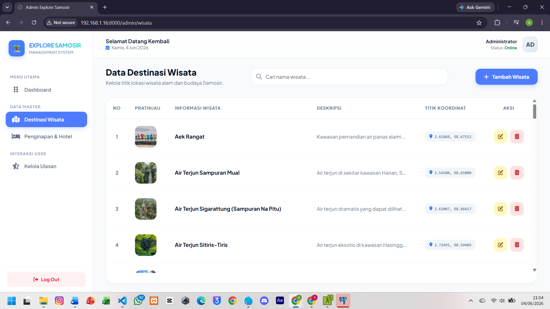 Screenshot 10 dari project PENGEMBANGAN SISTEM INFORMASI GEOGRAFIS PEMETAAN WISATA DAN PERHOTELAN DI KABUPATEN SAMOSIR DENGAN FITUR REKOMENDASI TERDEKAT DAN RUTE OTOMATIS TERINTEGRASI BERBASIS WEB DAN MOBILE