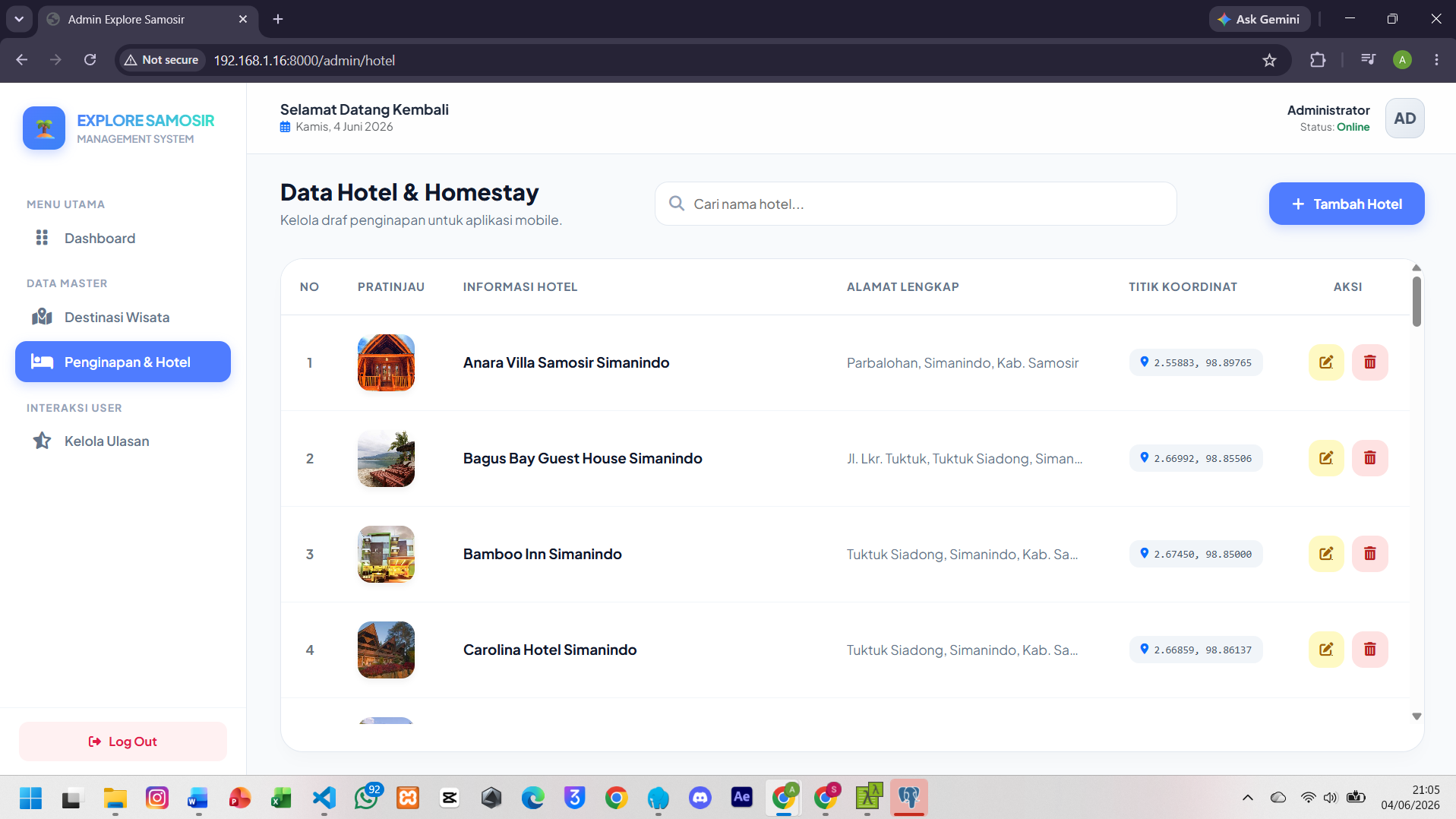 Screenshot 11 dari project PENGEMBANGAN SISTEM INFORMASI GEOGRAFIS PEMETAAN WISATA DAN PERHOTELAN DI KABUPATEN SAMOSIR DENGAN FITUR REKOMENDASI TERDEKAT DAN RUTE OTOMATIS TERINTEGRASI BERBASIS WEB DAN MOBILE