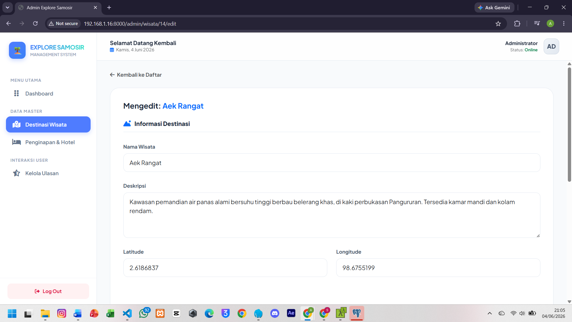 Screenshot 16 dari project PENGEMBANGAN SISTEM INFORMASI GEOGRAFIS PEMETAAN WISATA DAN PERHOTELAN DI KABUPATEN SAMOSIR DENGAN FITUR REKOMENDASI TERDEKAT DAN RUTE OTOMATIS TERINTEGRASI BERBASIS WEB DAN MOBILE