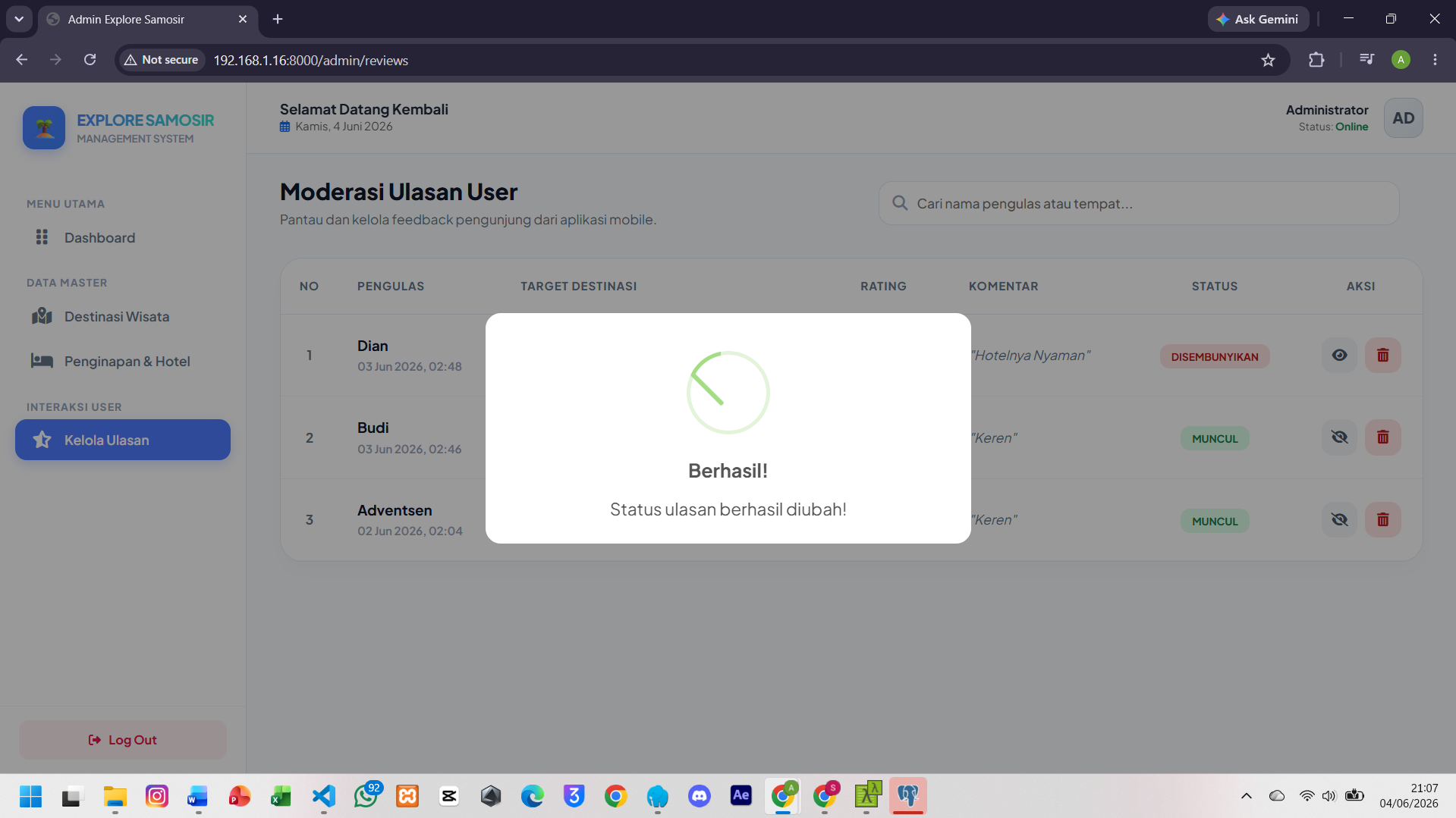 Screenshot 18 dari project PENGEMBANGAN SISTEM INFORMASI GEOGRAFIS PEMETAAN WISATA DAN PERHOTELAN DI KABUPATEN SAMOSIR DENGAN FITUR REKOMENDASI TERDEKAT DAN RUTE OTOMATIS TERINTEGRASI BERBASIS WEB DAN MOBILE