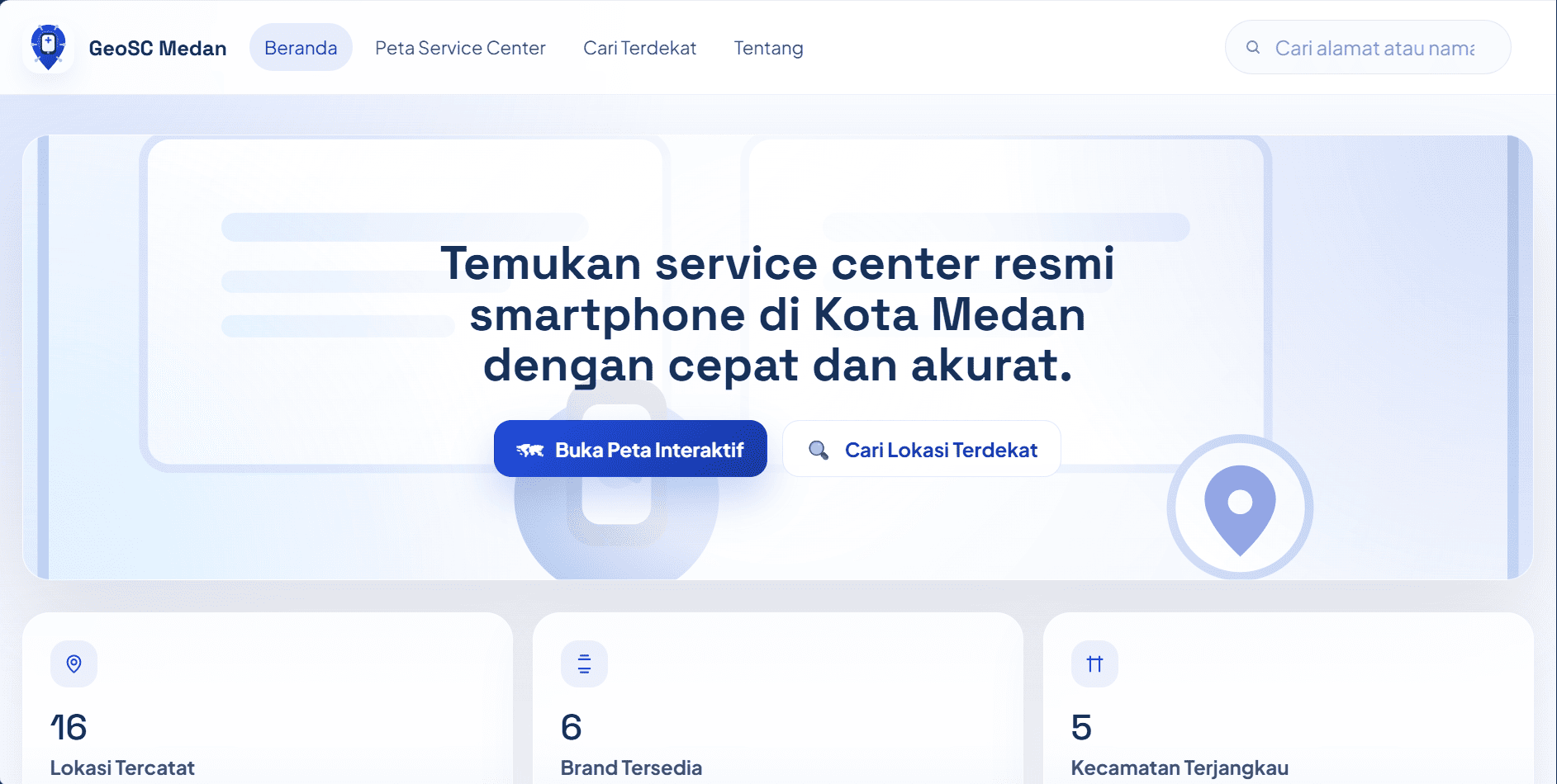 Screenshot 1 dari project SIG Pemetaan Lokasi Service Center Resmi Smartphone Kota Medan