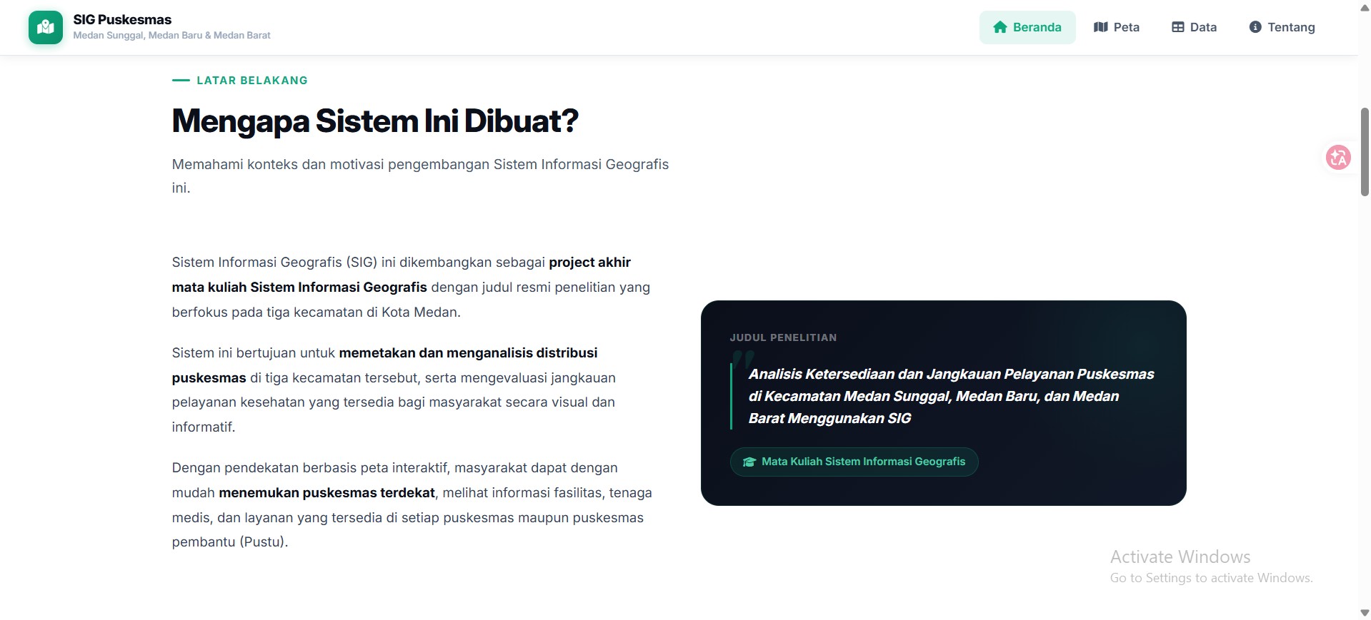 Screenshot 1 dari project Analisis Ketersediaan Dan Jangkauan Pelayanan Puskesmas Di Kecamatan Medan Sunggal, Medan Baru, dan Medan Barat Menggunakan Sistem Informasi Geografis