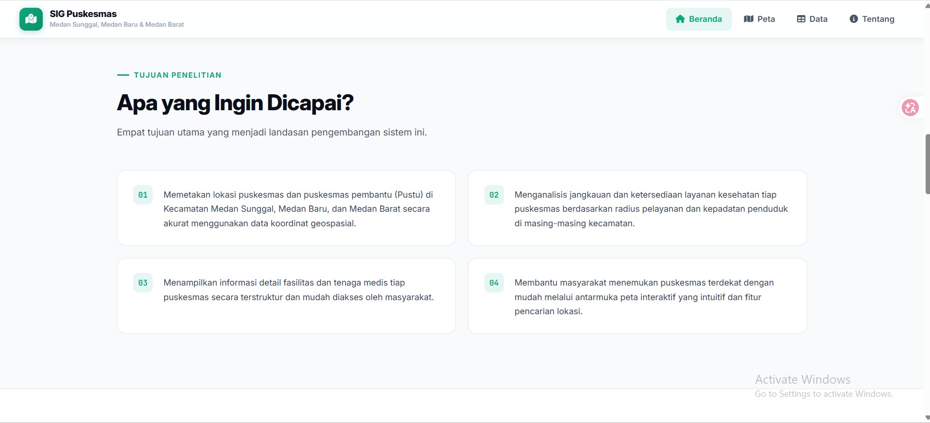 Screenshot 2 dari project Analisis Ketersediaan Dan Jangkauan Pelayanan Puskesmas Di Kecamatan Medan Sunggal, Medan Baru, dan Medan Barat Menggunakan Sistem Informasi Geografis