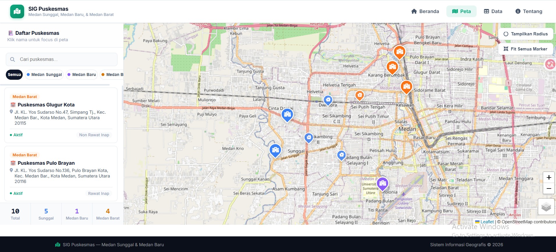 Screenshot 6 dari project Analisis Ketersediaan Dan Jangkauan Pelayanan Puskesmas Di Kecamatan Medan Sunggal, Medan Baru, dan Medan Barat Menggunakan Sistem Informasi Geografis