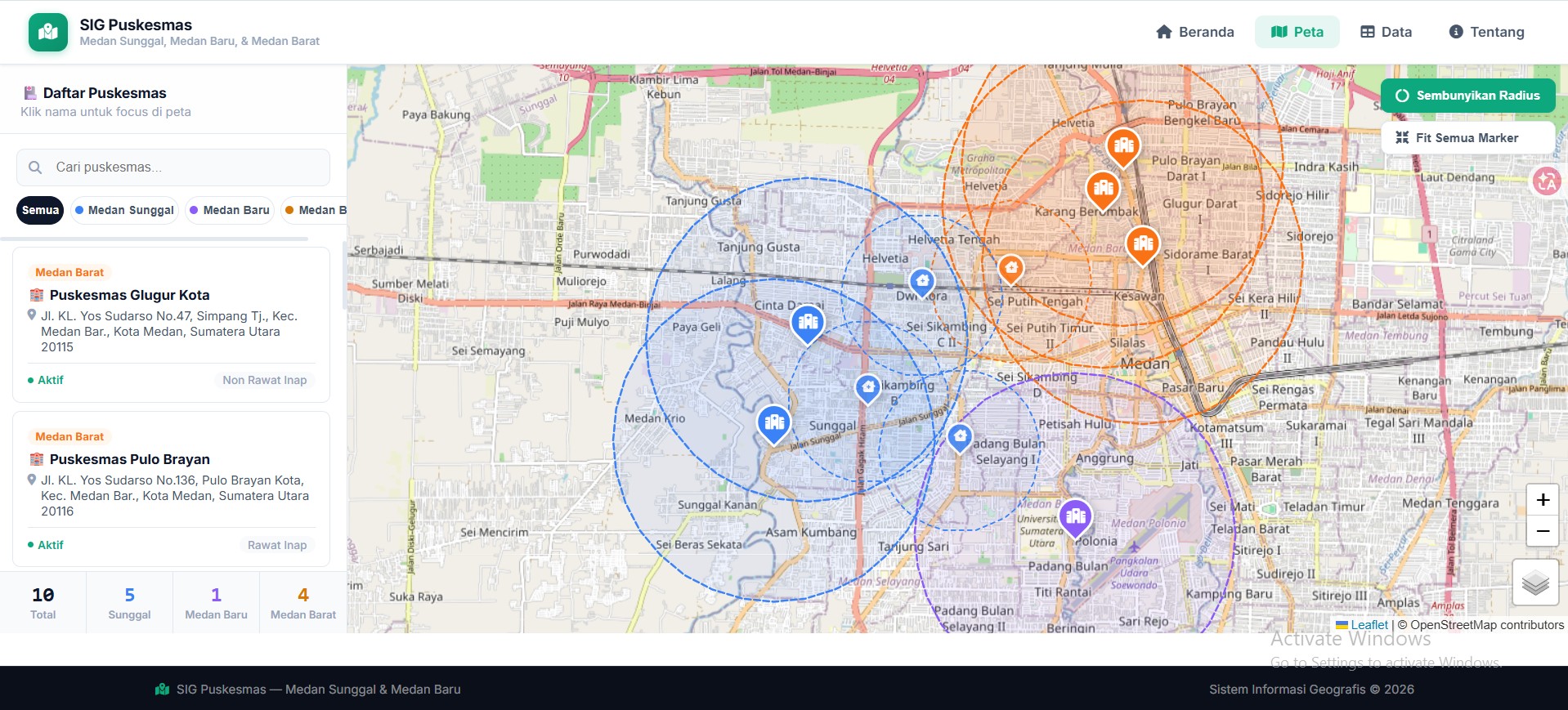 Screenshot 7 dari project Analisis Ketersediaan Dan Jangkauan Pelayanan Puskesmas Di Kecamatan Medan Sunggal, Medan Baru, dan Medan Barat Menggunakan Sistem Informasi Geografis