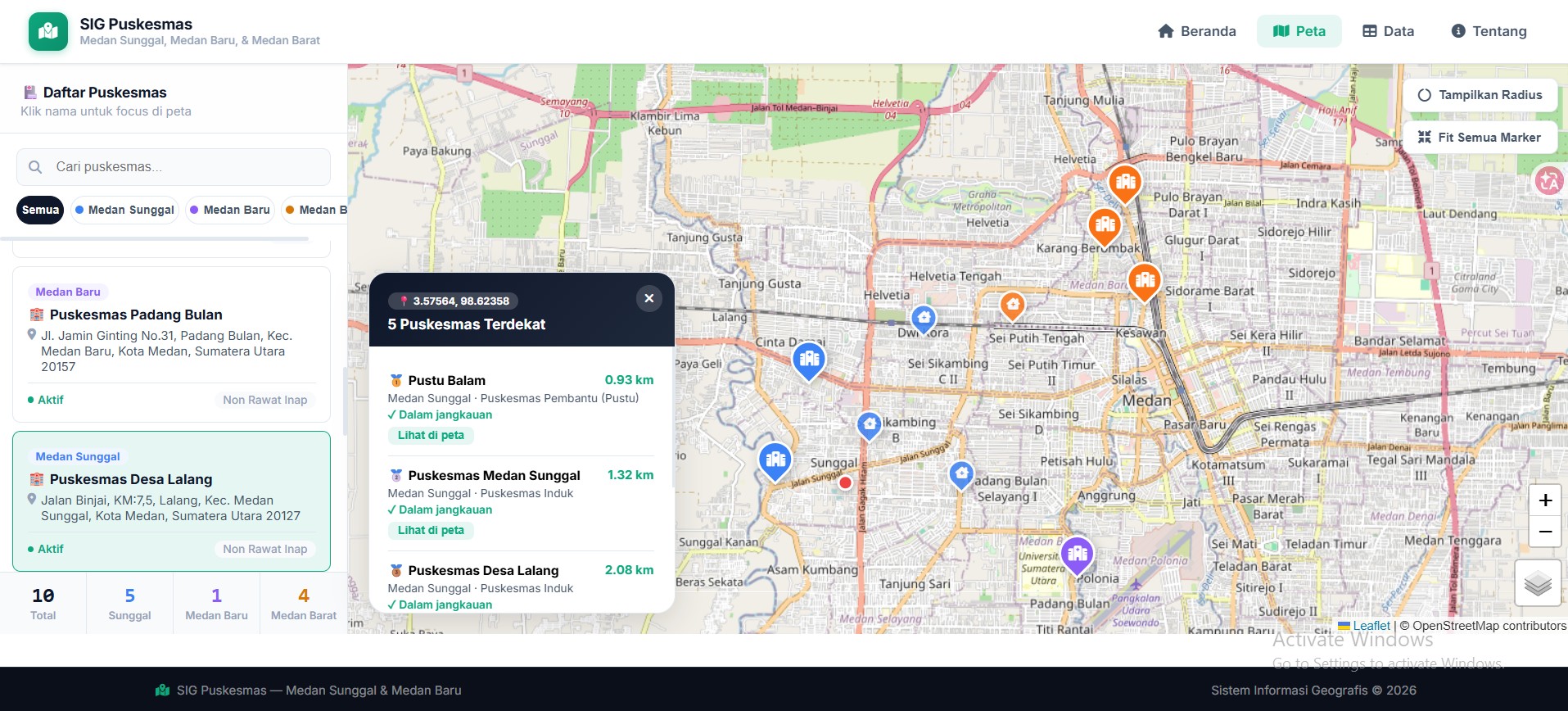 Screenshot 8 dari project Analisis Ketersediaan Dan Jangkauan Pelayanan Puskesmas Di Kecamatan Medan Sunggal, Medan Baru, dan Medan Barat Menggunakan Sistem Informasi Geografis