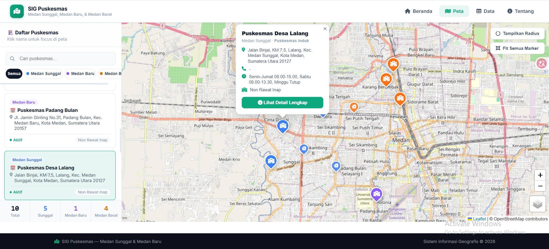 Screenshot 9 dari project Analisis Ketersediaan Dan Jangkauan Pelayanan Puskesmas Di Kecamatan Medan Sunggal, Medan Baru, dan Medan Barat Menggunakan Sistem Informasi Geografis