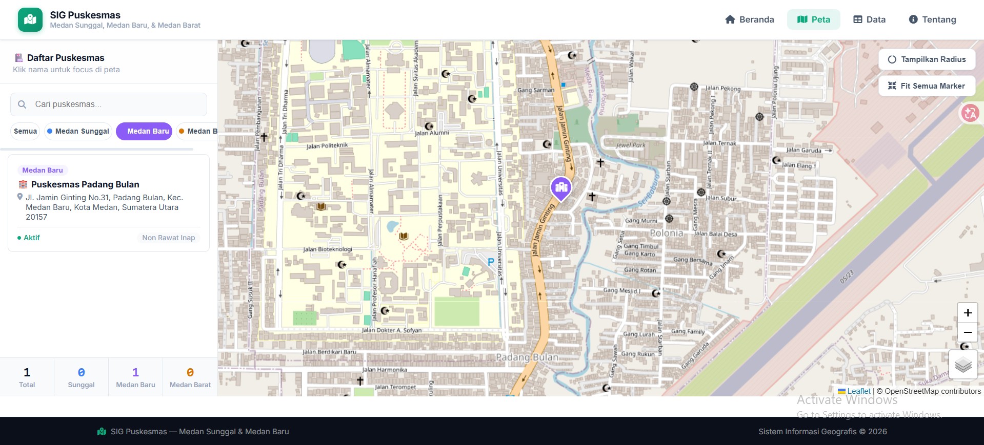 Screenshot 11 dari project Analisis Ketersediaan Dan Jangkauan Pelayanan Puskesmas Di Kecamatan Medan Sunggal, Medan Baru, dan Medan Barat Menggunakan Sistem Informasi Geografis