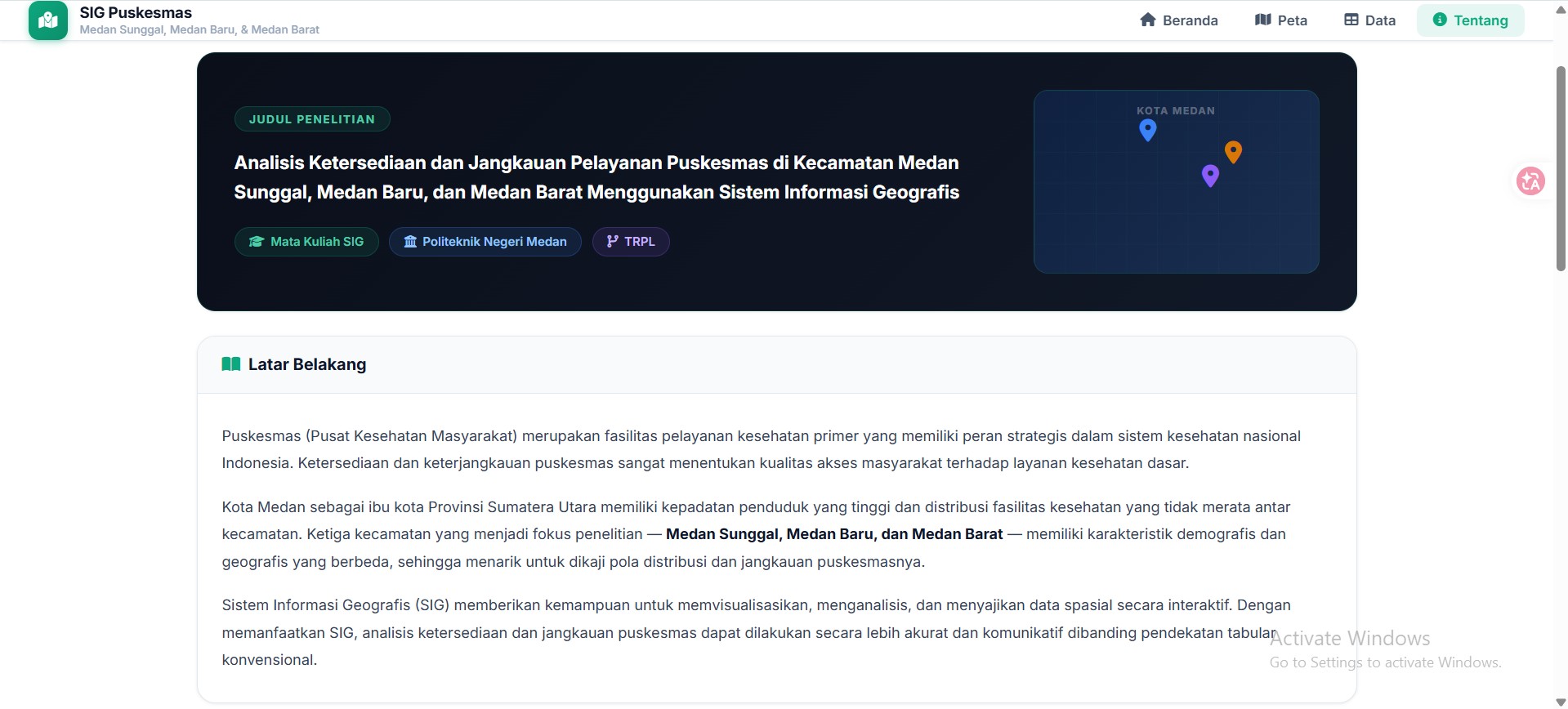 Screenshot 13 dari project Analisis Ketersediaan Dan Jangkauan Pelayanan Puskesmas Di Kecamatan Medan Sunggal, Medan Baru, dan Medan Barat Menggunakan Sistem Informasi Geografis