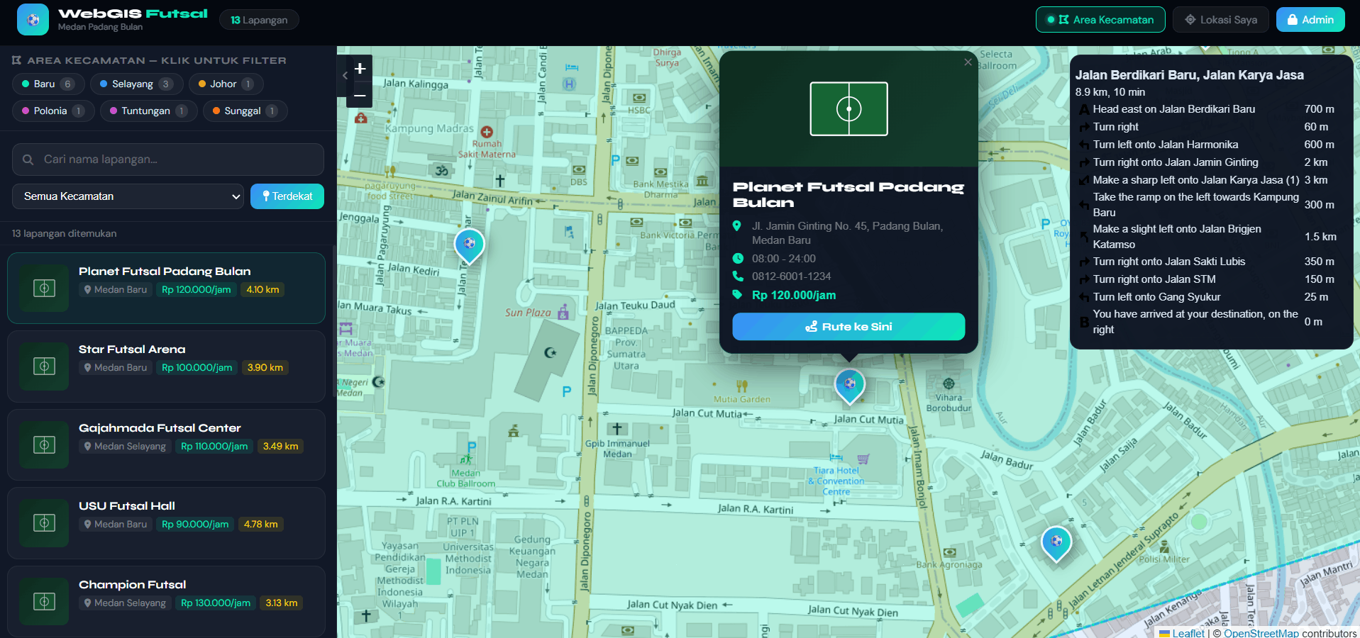 Screenshot 1 dari project PENGEMBANGAN SISTEM INFORMASI GEOGRAFIS (WebGIS) PEMETAAN LAPANGAN FUTSAL TERDEKAT DI WILAYAH PADANG BULAN, KOTA MEDAN