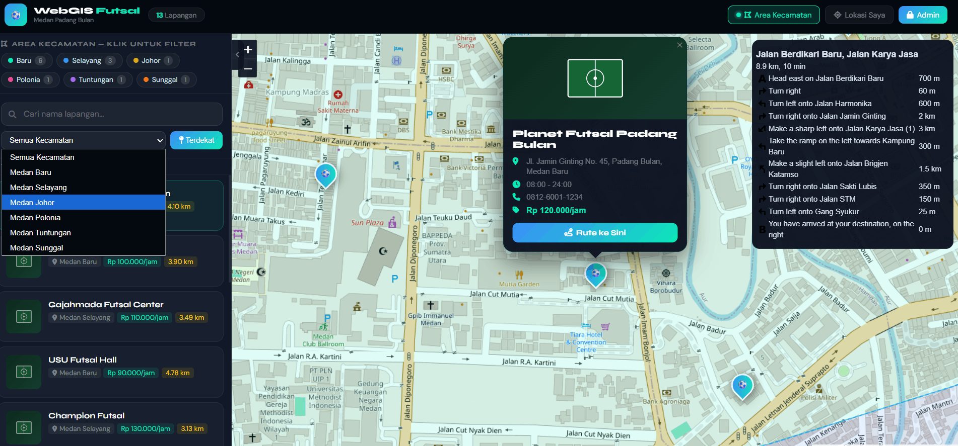 Screenshot 2 dari project PENGEMBANGAN SISTEM INFORMASI GEOGRAFIS (WebGIS) PEMETAAN LAPANGAN FUTSAL TERDEKAT DI WILAYAH PADANG BULAN, KOTA MEDAN