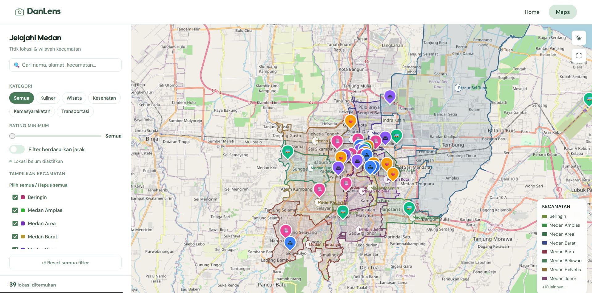Screenshot 1 dari project Sistem Informasi Geografis (SIG) Pemetaan Lokasi Penting di Kota Medan Berbasis Website dan Mobile (DanLens)