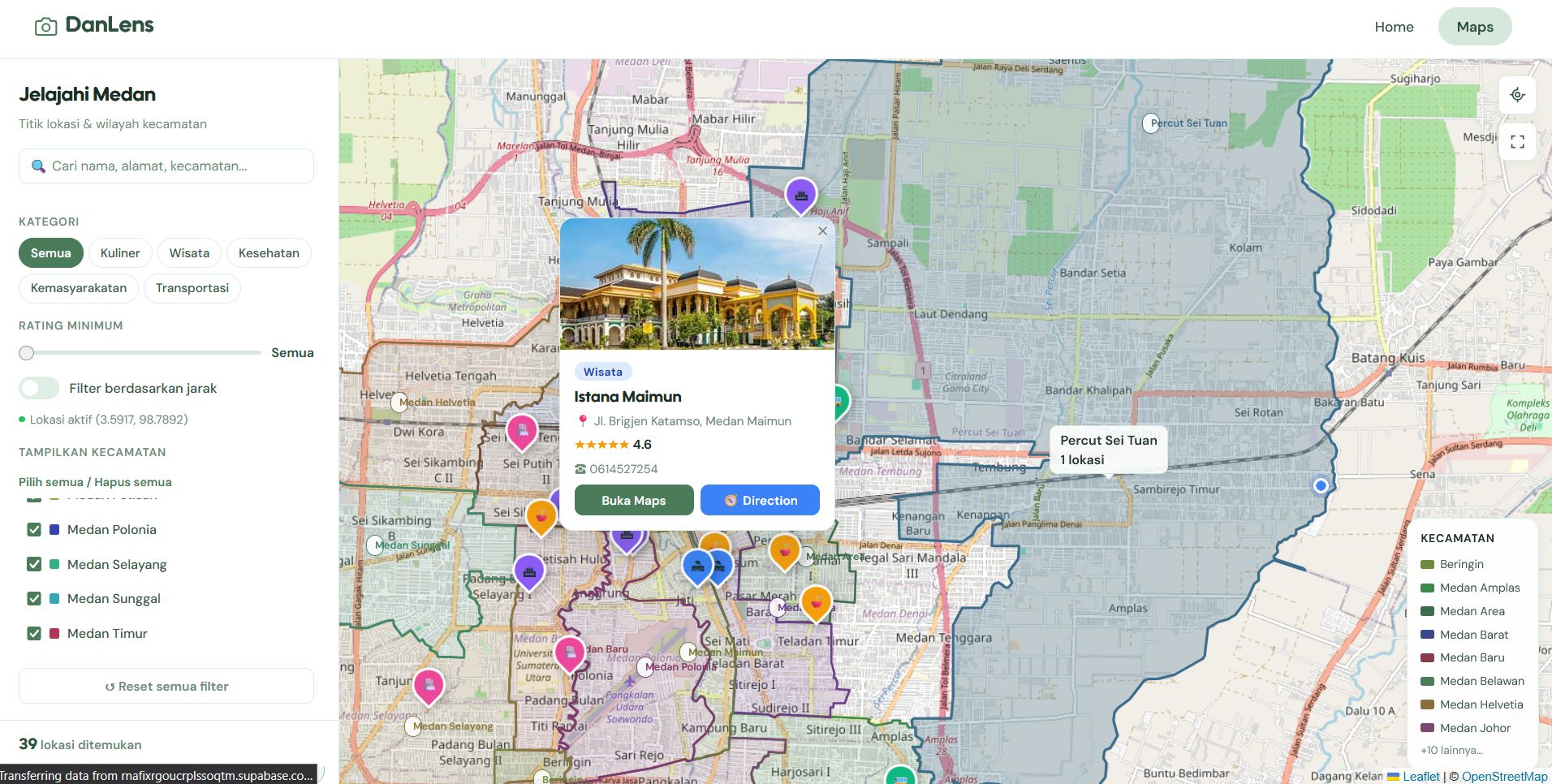 Screenshot 3 dari project Sistem Informasi Geografis (SIG) Pemetaan Lokasi Penting di Kota Medan Berbasis Website dan Mobile (DanLens)
