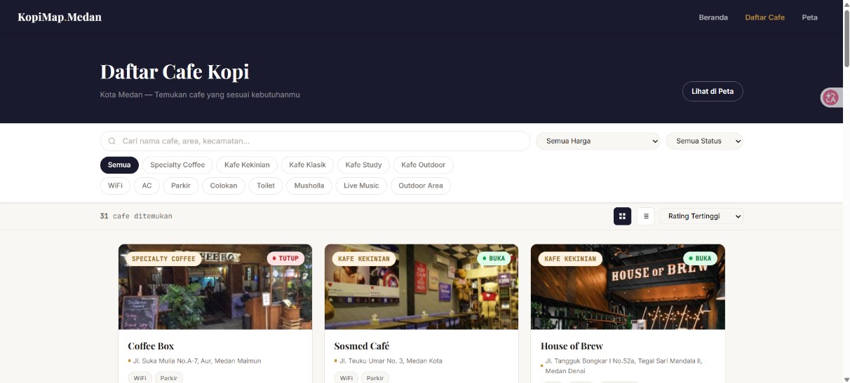 Screenshot 8 dari project Sistem Informasi Geografis (SIG) Pemetaan Cafe Kopi Di Kota Medan Berbasis Website (KopiMap.Medan)