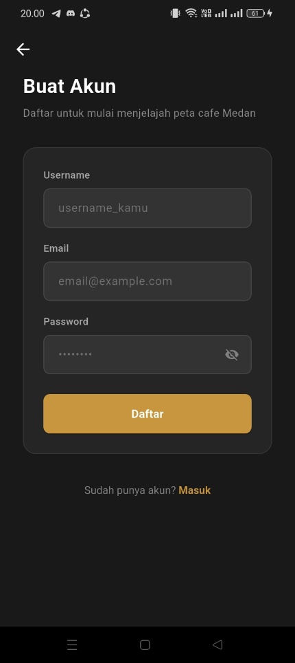 Screenshot 1 dari project Sistem Informasi Geografis (SIG) Pemetaan Cafe Kopi Di Kota Medan Berbasis Mobile (KopiMap.Medan)