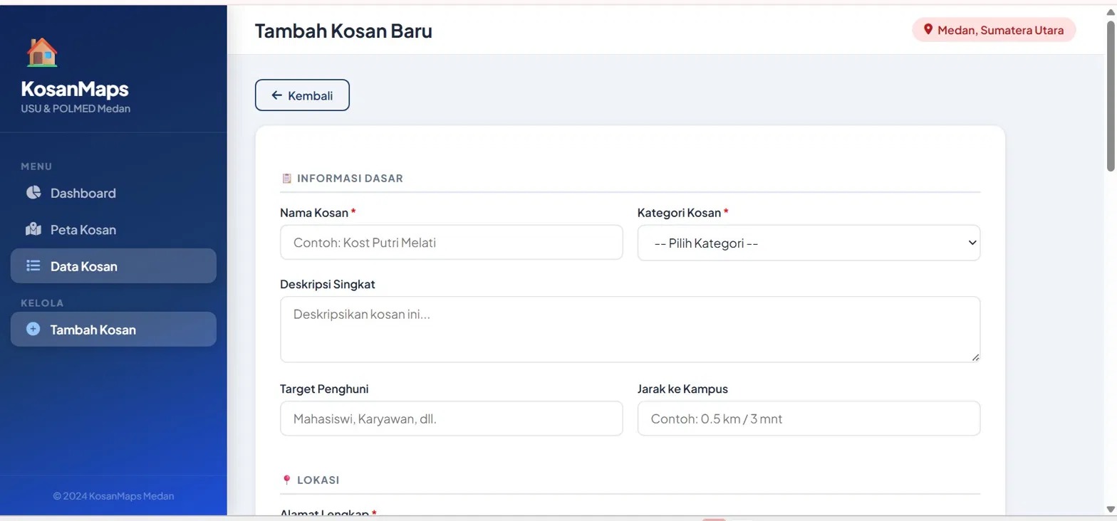 Screenshot 3 dari project pemetaan kos-kosan di di dekat kampus usu dan polmed