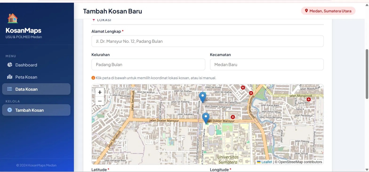Screenshot 4 dari project pemetaan kos-kosan di di dekat kampus usu dan polmed