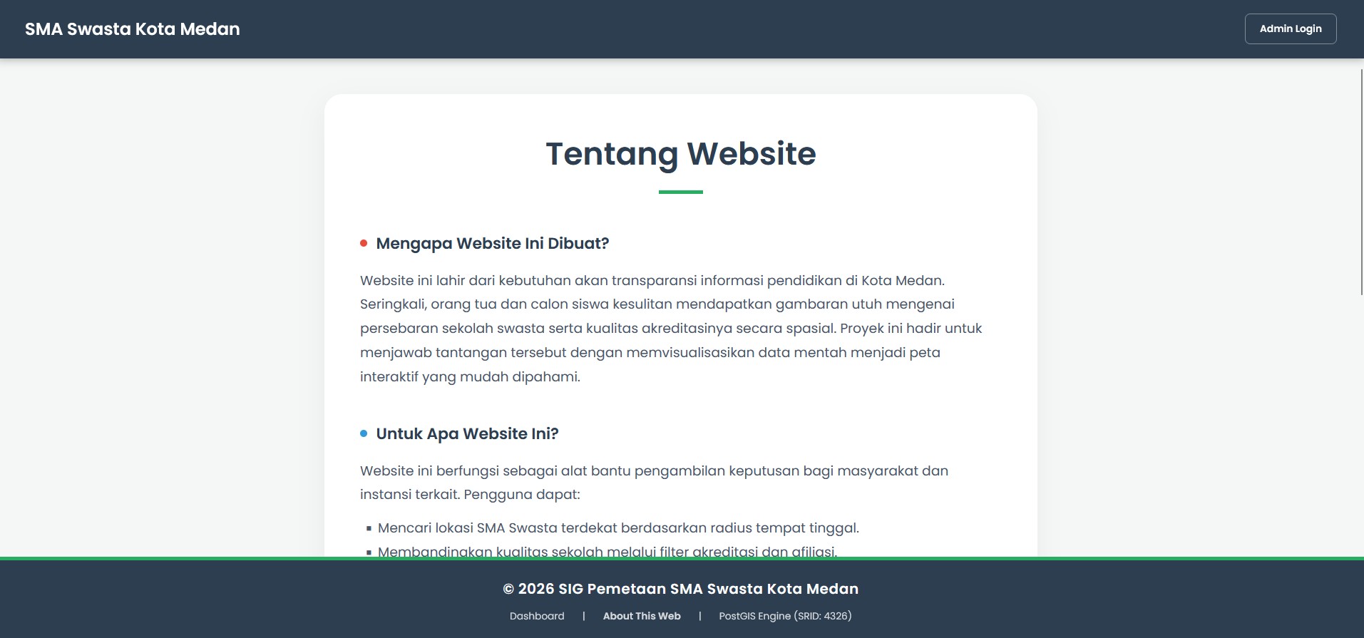 Screenshot 1 dari project Web-SIG Pemetaan SMA Swasta Kota Medan Berbasis PostGIS & Leaflet.js