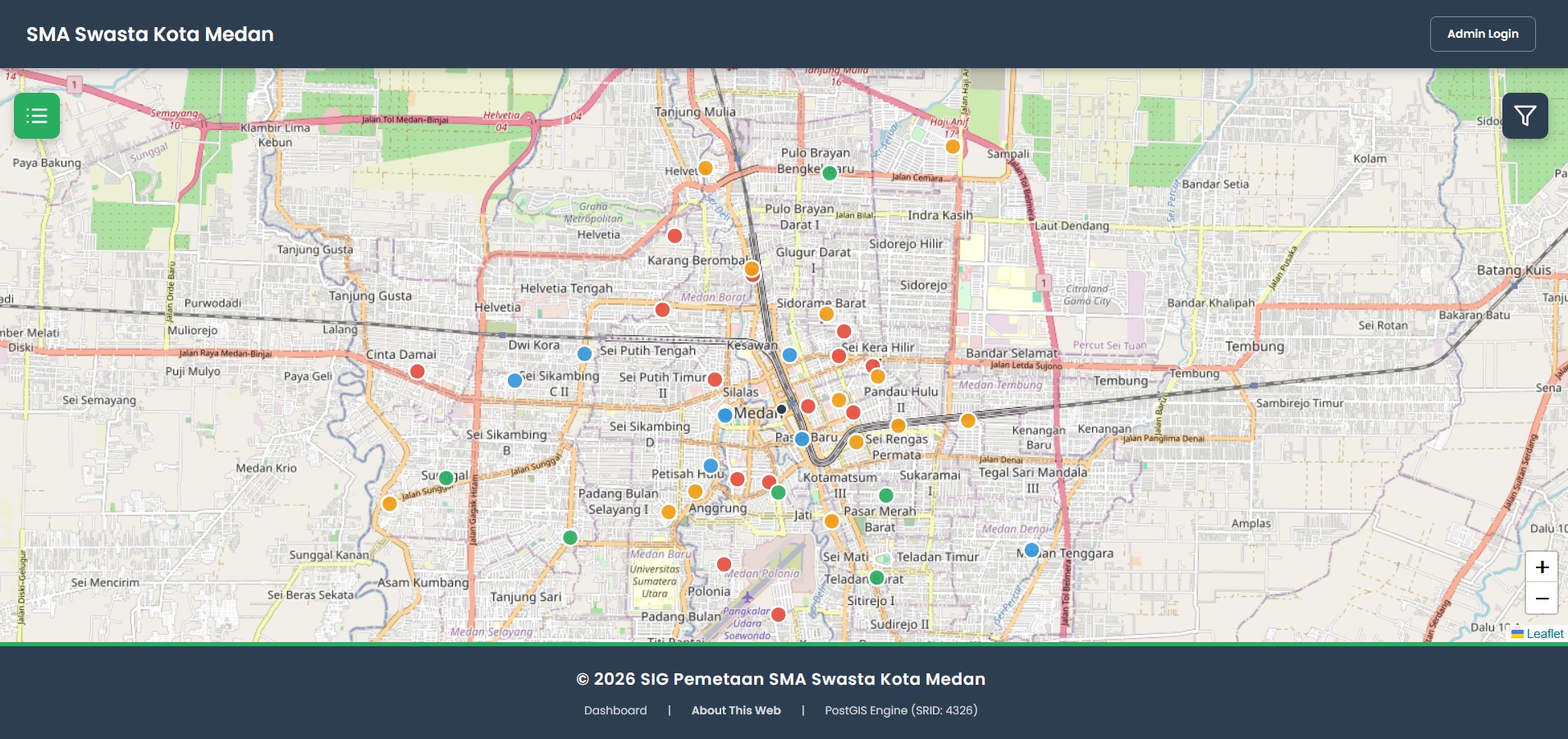 Screenshot 2 dari project Web-SIG Pemetaan SMA Swasta Kota Medan Berbasis PostGIS & Leaflet.js