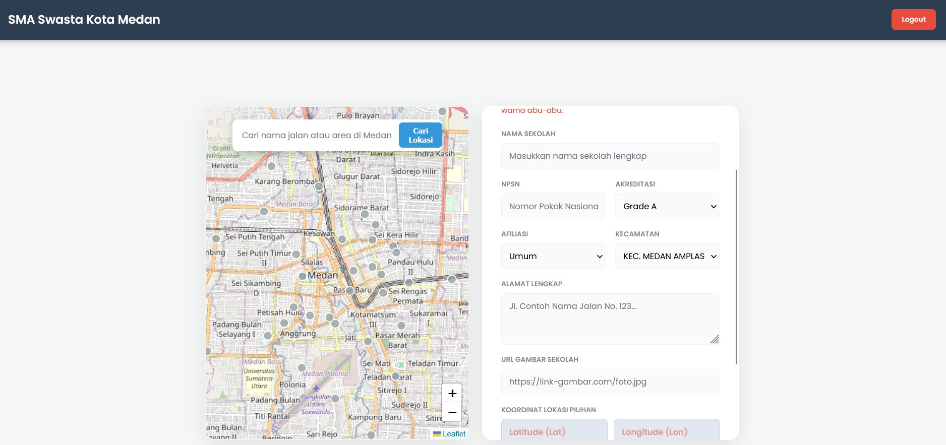 Screenshot 4 dari project Web-SIG Pemetaan SMA Swasta Kota Medan Berbasis PostGIS & Leaflet.js