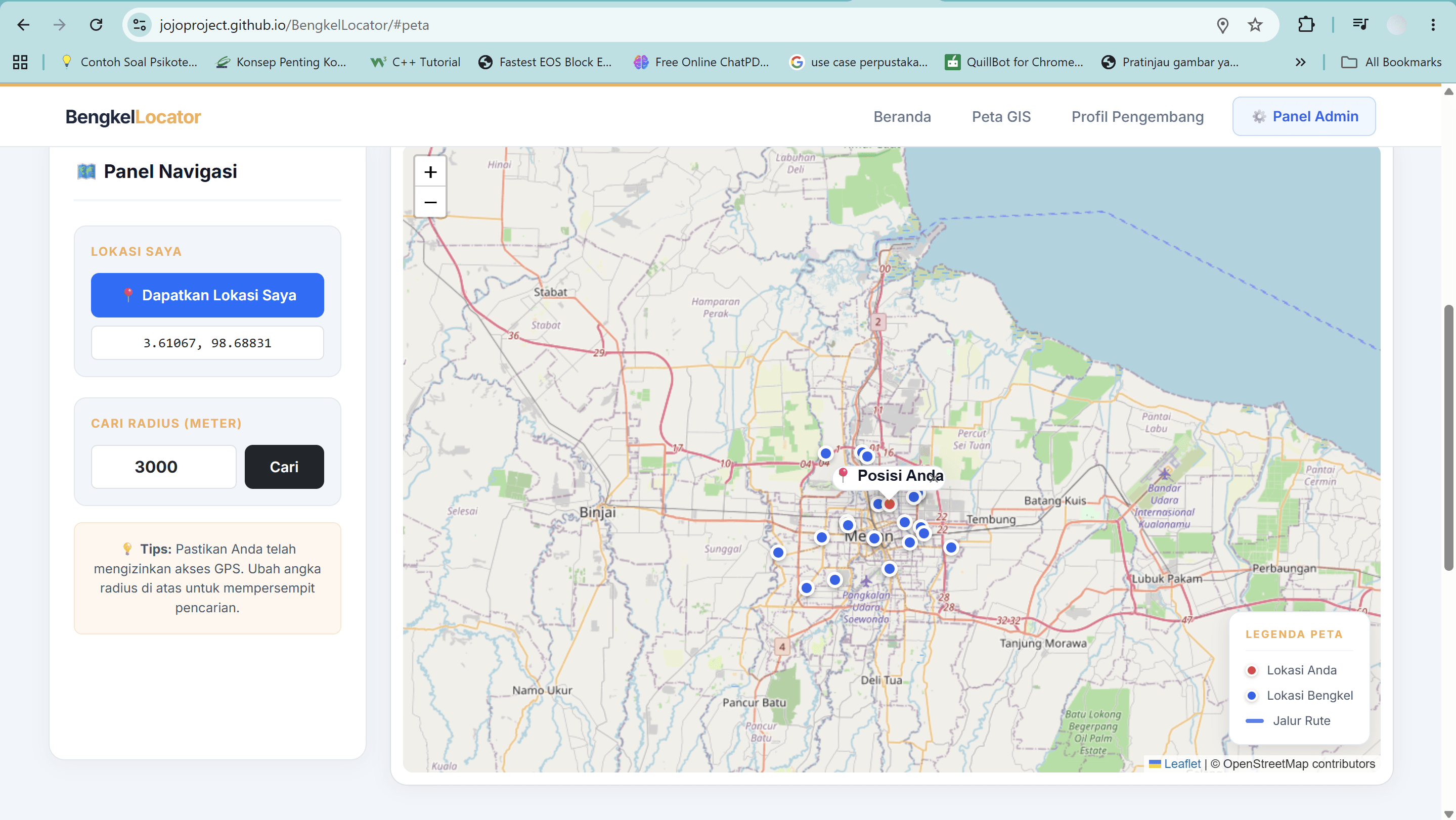 Screenshot 2 dari project BengkelLocator: Sistem Informasi Geografis Pemetaan Bengkel Motor Medan