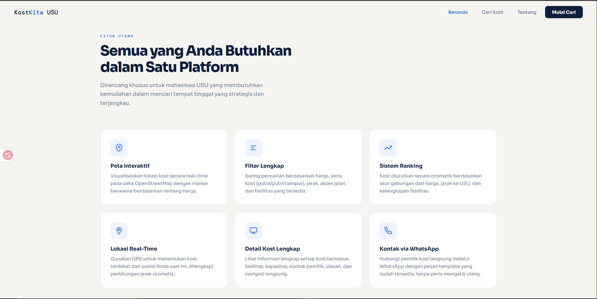Screenshot 2 dari project Pemetaan dan Pencarian Kost Mahasiswa di Sekitar Universitas Sumatera Utara Menggunakan Sistem Informasi Geografis Berbasis Web