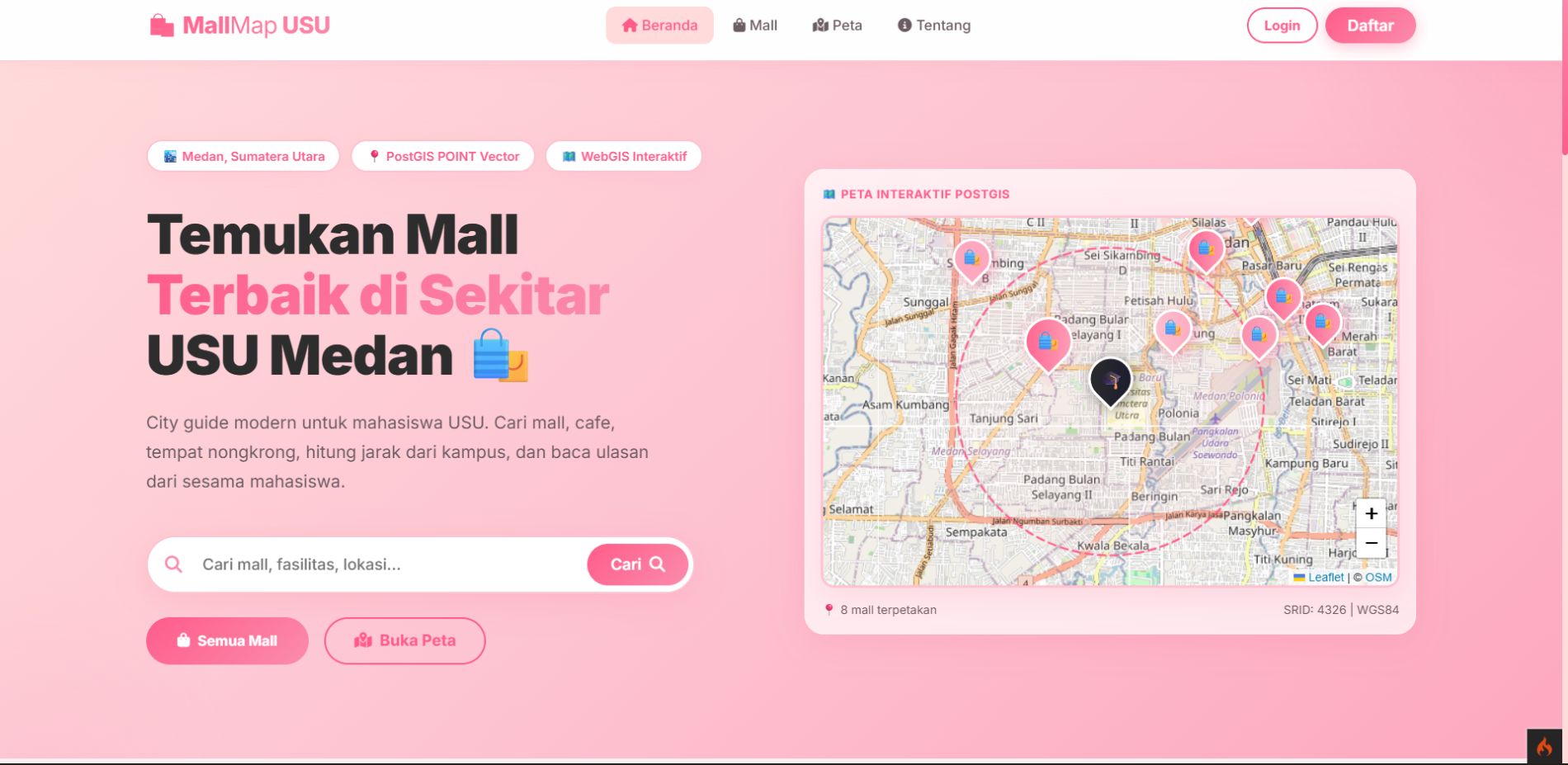 Screenshot 1 dari project MallMap USU — Sistem Pemetaan Mall Sekitar USU Berbasis WebGIS CI4 & PostGIS