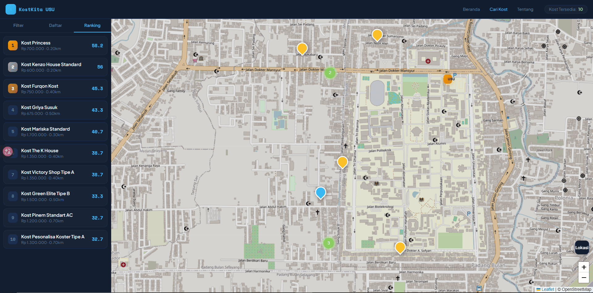 Screenshot 4 dari project Pemetaan dan Pencarian Kost Mahasiswa di Sekitar Universitas Sumatera Utara Menggunakan Sistem Informasi Geografis Berbasis Web